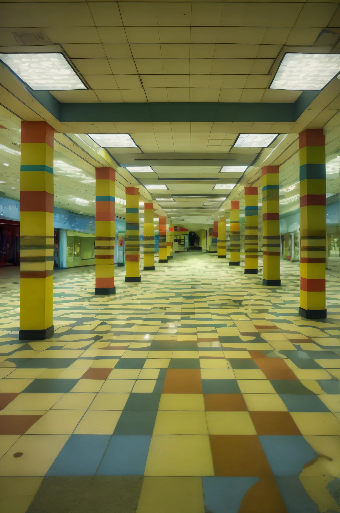 backrooms abandoned mall, Abandoned shopping mall, In an abandoned shopping mall, In an abandoned mall, Abandoned mall in 1 9 8 0s, Ruined mall at night, Shutter Mall Store, the scary empty liminal spaces, completely empty, clown、Retrofuturist liminal space, The whole building is colorful、