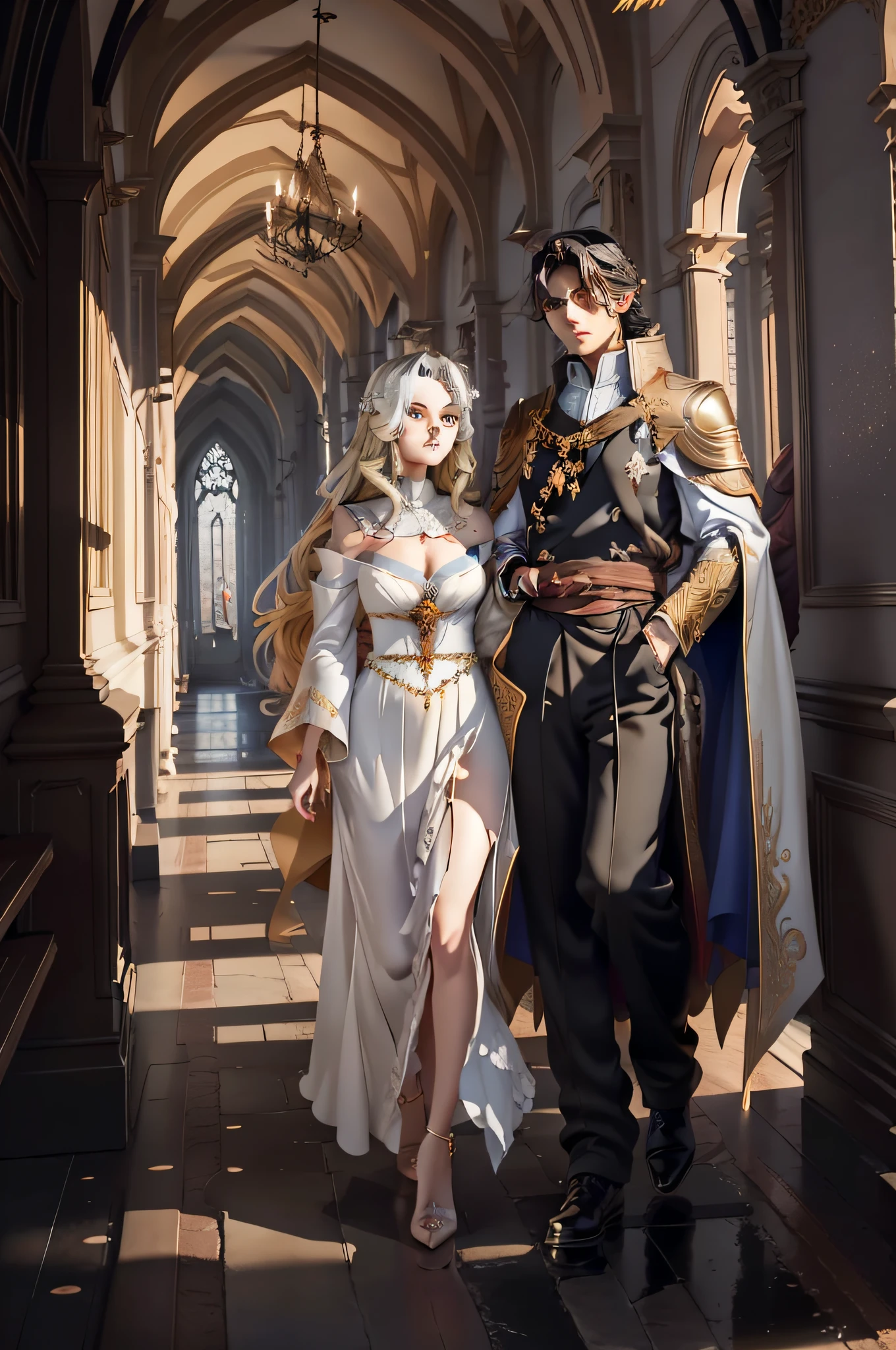 Young, elegant, sexy, beautiful woman with hair as golden as gold, long and flowing, blue eyes of a vibrant and intricate shade, wearing a long light-colored dress with sparkling details. She flaunts some shimmering accessories in her hair, emitting an angelic yet suggestive aura, like a forbidden and mortal fruit. She walks gracefully through the corridor of a lavishly adorned castle. Accompanying her, there are two individuals, each on one side, radiating calmness and ease. A young boy stands by her side, with black hair falling to his eyes and piercing red eyes. He wears prince-like attire and displays a well-developed body for his age, standing tall and imposing. The other person is a young girl, dressed in aristocratic garments. She wears a white blouse paired with a dark wine skirt. Her blonde hair, as golden as the sun, cascades down, and her blue eyes are lush and rich in detail, evoking an anime style. The entire scene recalls a universe of magic and fantasy, as if directly lifted from a manga artwork. The visual quality is exceptional, in high definition (HD) and 8k resolution, capturing every nuance and detail of the environment and characters.