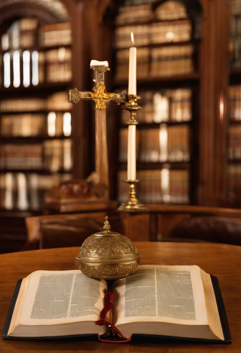 "Por favor, create a high-definition image of the Holy Bible that captures the reverence and spiritual significance of this holy book. The image should convey the historical and religious importance of the Bible, apresentando-a de forma digna e respeitosa. Use soft lighting to highlight cover and page details, enfatizando sua textura e envelhecimento, if applicable. Position the Bible in an environment that evokes a sacred environment, como uma prateleira de madeira em uma biblioteca antiga ou um altar iluminado. As cores devem ser sutis e a tipografia, apresente-se, deve ser elegante e discreta. The image should inspire a sense of reverence and spiritual connection to the words and teachings contained in the Holy Bible."