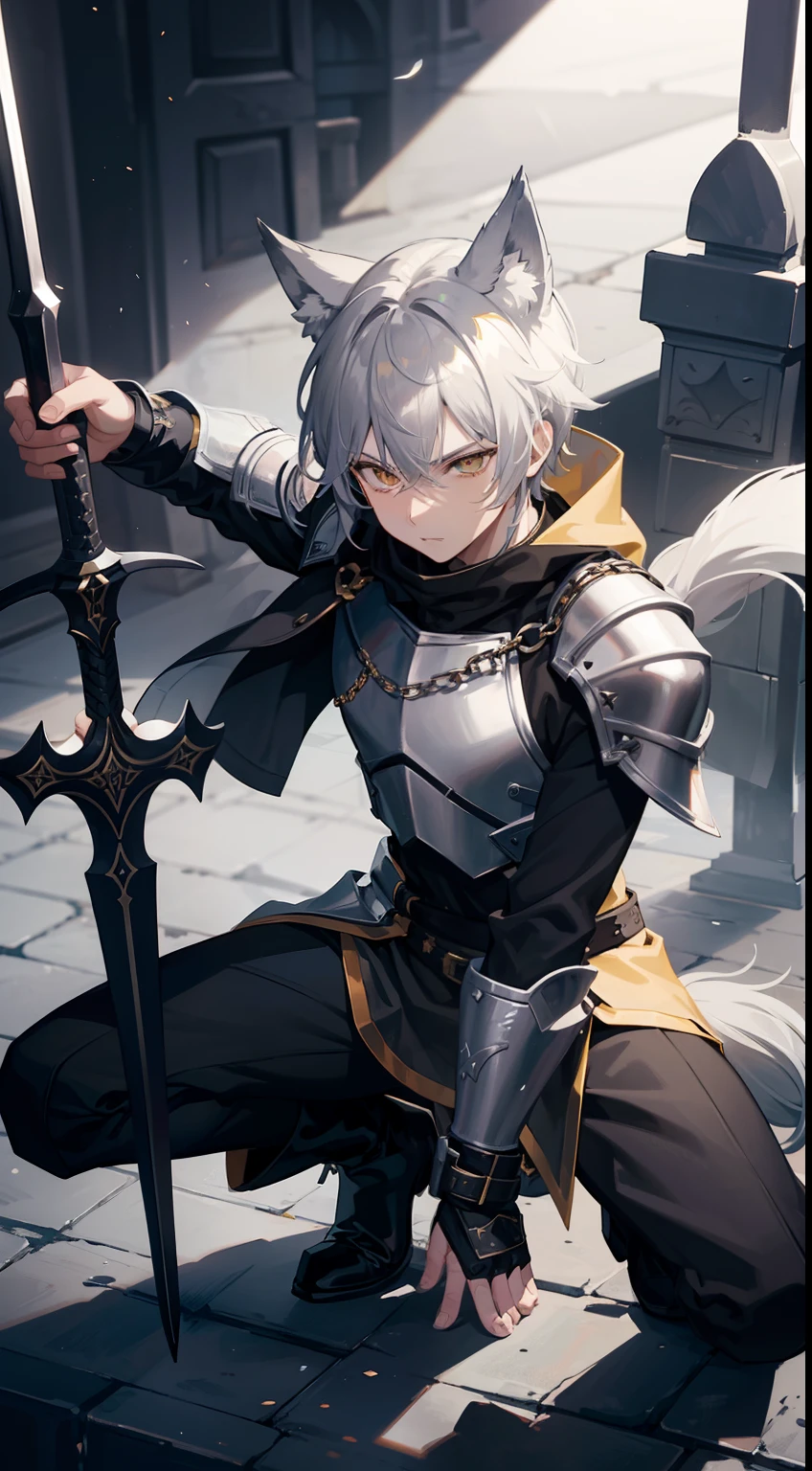 1boy,solo,gray hair, templar golden knight outfit, gray long chainmail skirt, wolf ears, wolf tail, black long boots, serious face, masterpiece, HD, vibrant,night background,attacking with a sword,lightnings around,