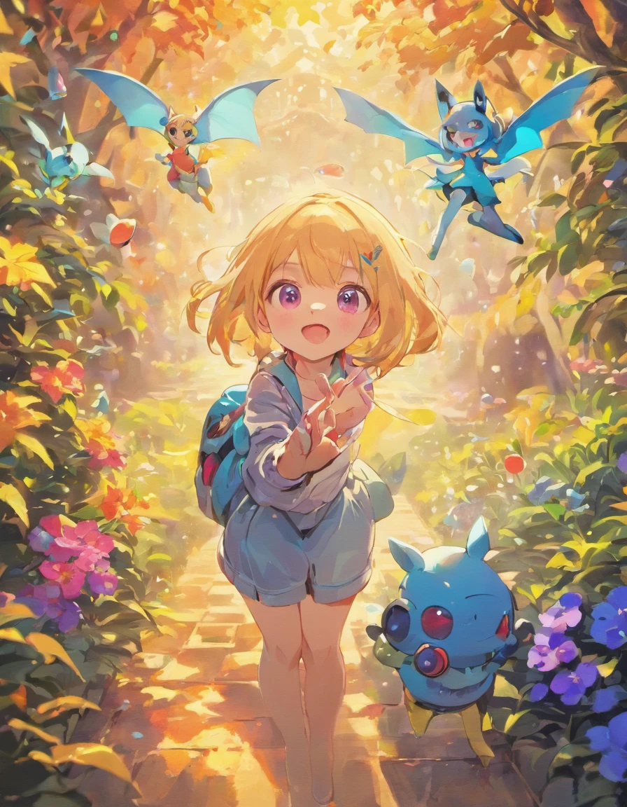 A girl capturing a vibrant Vtuber Bat Pokemon in a lush garden, using a mix of 3D rendering and photography. The scene is set with beautiful detailed eyes, lips, and an extremely detailed face. The girl is wearing vibrant clothing, and her passionate expression reflects in her energetic pose. The garden is filled with colorful flowers and lush greenery, emanating feelings of joy and excitement. The lighting is soft, with studio lighting to enhance the details of the girl and the Pokemon. The artwork is of the best quality, with 4k resolution and ultra-detailed features. The colors are vivid and vibrant, giving the artwork a lively and energetic feel. The overall style of the artwork is a mix of portraits and fantasy, showcasing the creativity and imagination of the artist.