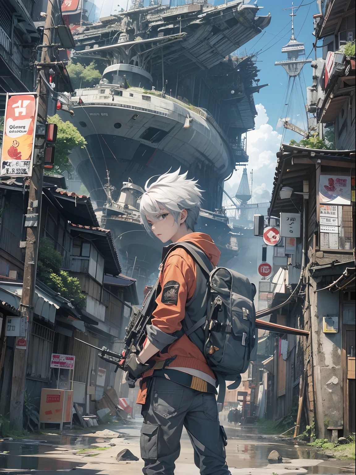 1boy,Man's ,Cyberpunk Boy、silber hair、Spiky hairstyle、Sword,machine gun、bow and arrow、Whole body bloody、The beginning of the adventure、(Very large flying ship:1.5)、ruined and devastated city、Complex Japan buildings、school buildings、shrines、railroad crossing、Bus stop、Trees、Warm lighting、puddles、Good old Japan landscape、Beautiful and fantastic summer landscape、Cinematic scenery、hightquality、masutepiece,8K、hight resolution、ultra-detailliert,