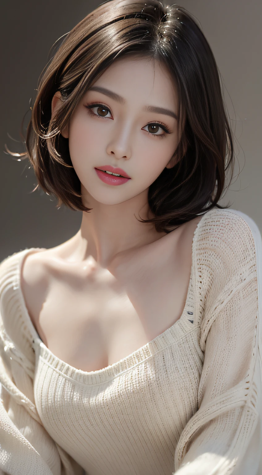 (masuter piece:1.3)、(8K、Photorealsitic、Raw photography、top-quality: 1.4)、(1girl in)、beautiful countenance、(Lifelike face)、(A dark-haired、short-hair:1.3)、Beautiful hairstyle、realisticeyes、Beautiful details、（real looking skin）、Beautiful skins、（Sweaters）、absurderes、enticing、超A high resolution、A hyper-realistic、high-detail、Golden Ratio Eye Bag、show teeth、sunlights、The tree々、Face straight ahead、