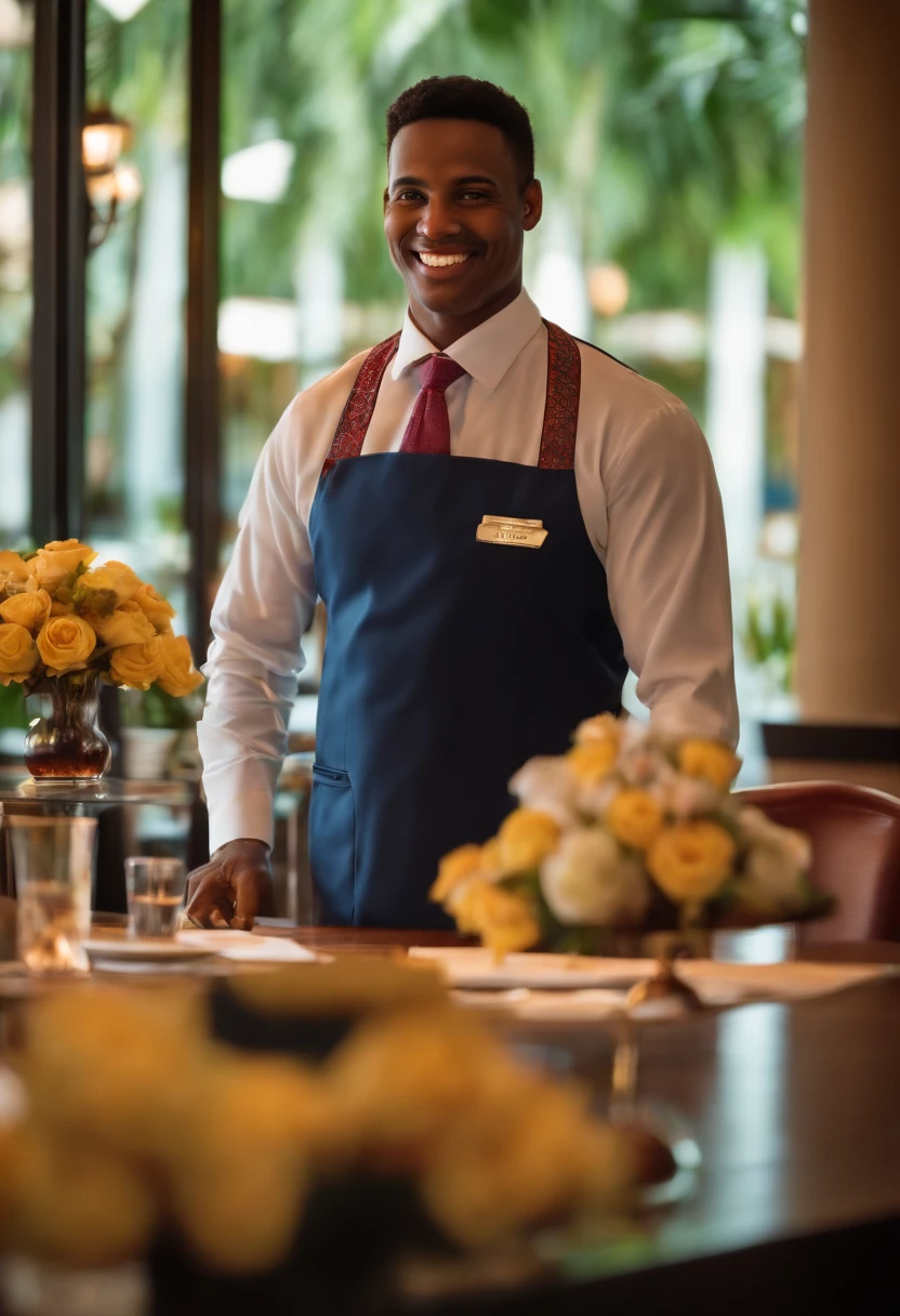 with a self-confident, smiling hotel employee serving a guest