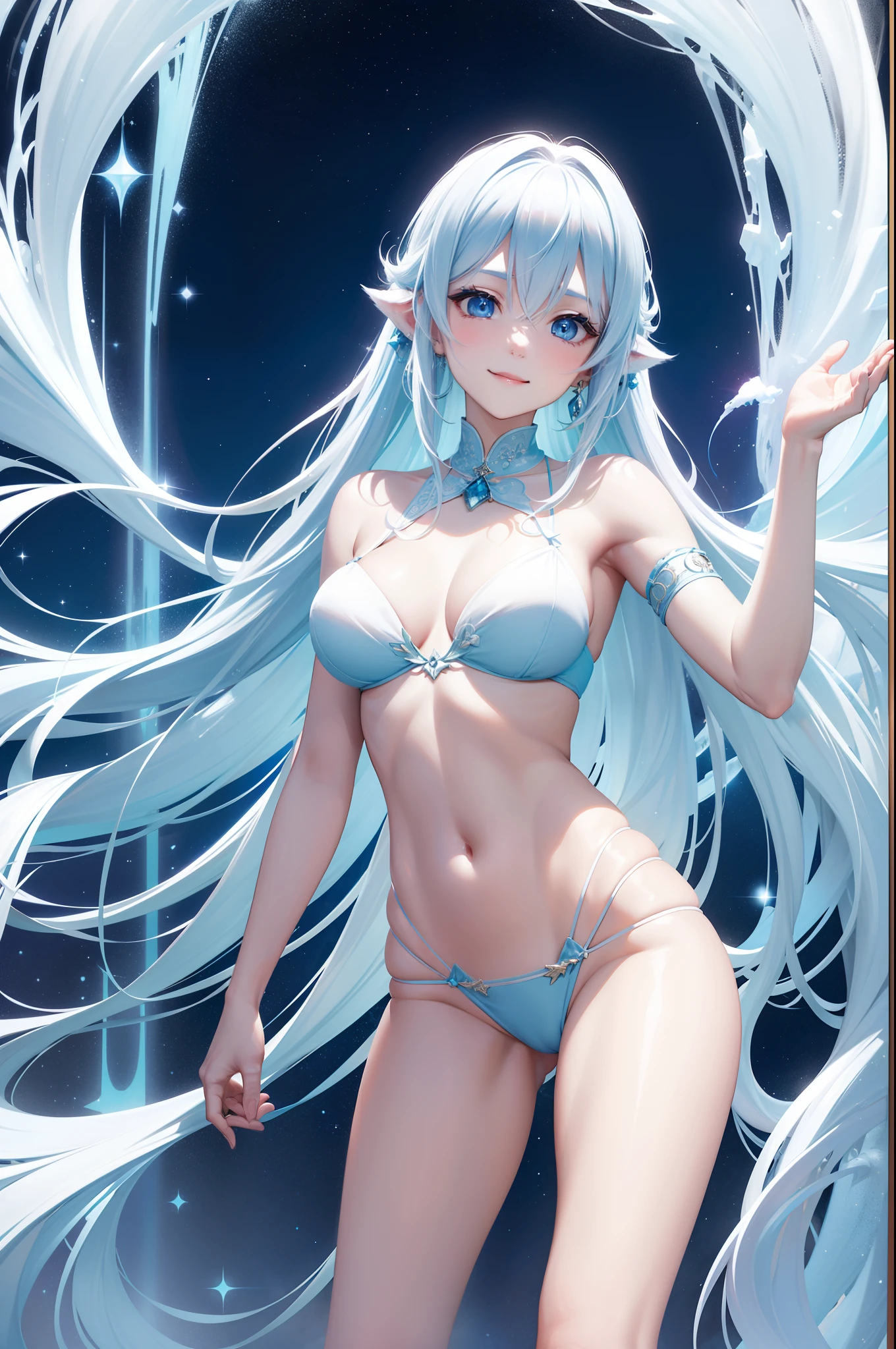 hposing Gravure Idol　a beauty girl　a smile　sky blue hair　length hair　Bright white and blue thin sexy outfit　A sexy　Mystical　fantasy

Spirit of Polar Light
World of ice and snow
The power of light and magic
Guardian of nature
Symbol of good luck or blessing
Butoh and music
Fantastic existence
Polar Fairy
Arctic and Antarctic
Beauty and mystique