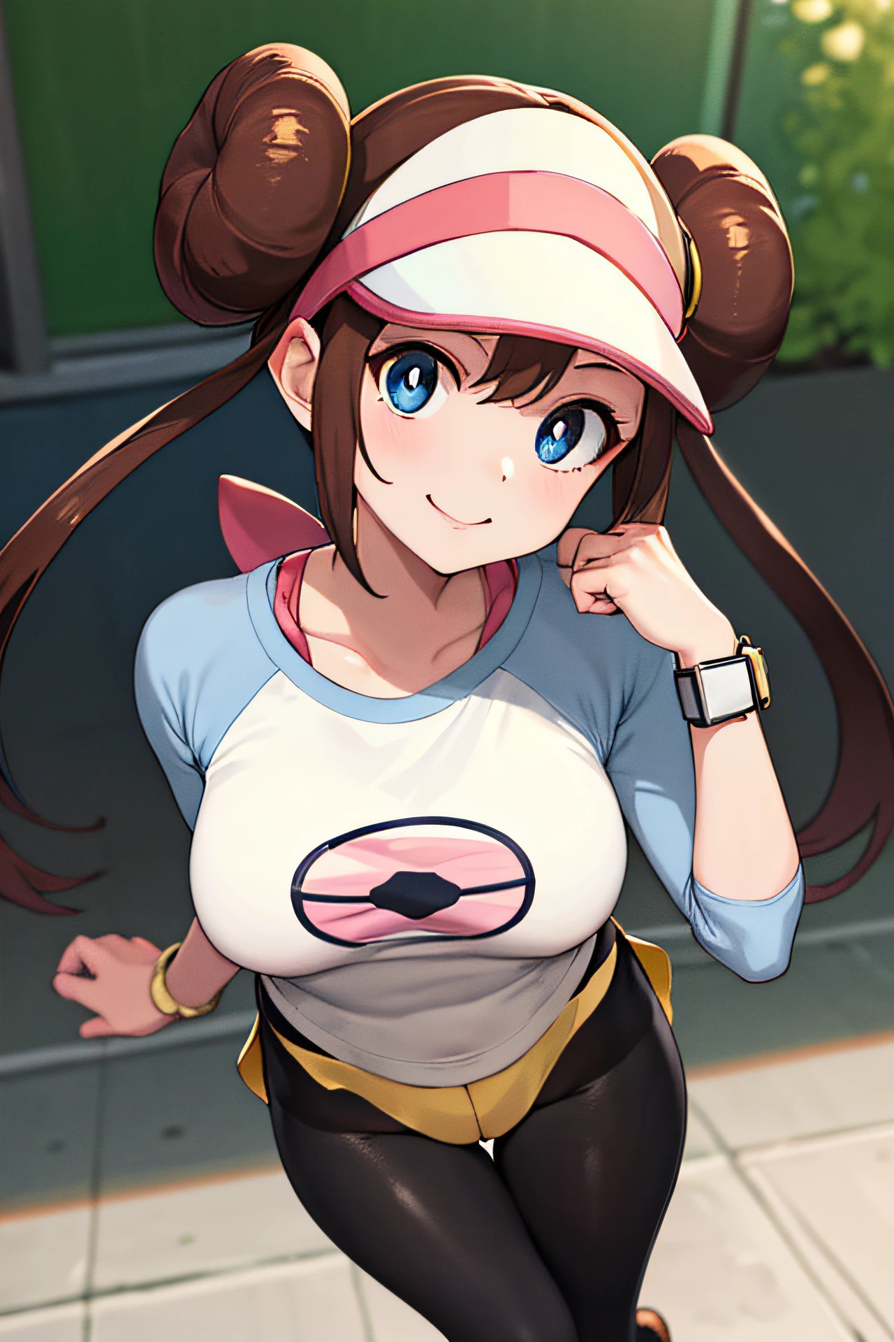 masutepiece, Sharp Focus, Realistic, ultra-detailliert, Beautiful Girl, (side lights:1.2), Smile, RO1, Hair bun, Blue eyes, Twin-tailed, Visor Cap, pantyhose, raglan sleeves, Yellow shorts, Shirt, pink bows, wrist watch, Full body、Sexy body、Buttock emphasis