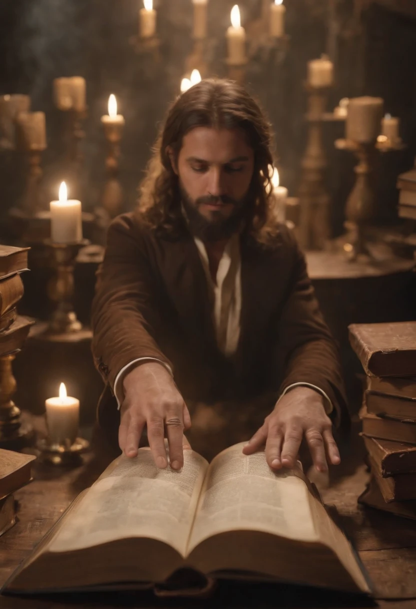 Um homem idoso, barba grande, raised his hands, A circle of magical books was scattered across the floor, Magic books and candles are placed around, Seven mirrors at different angles directly above, imagem sombria, Visions, profundidade de campo, deus luz, filmgrain, optical illusion, vinhetas, Renascimento, Pre-Raphaelite Brotherhood, detalhes altos，Sombra traseira