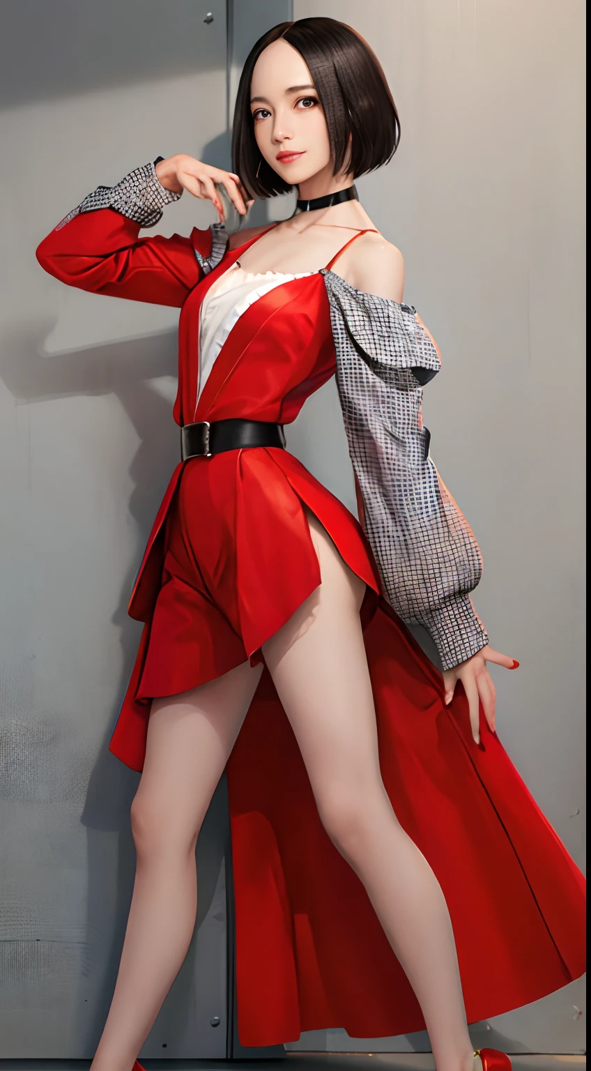 (masutepiece, Best Quality, 1girl in, Solo, Fine detail, chromatic abberation), Realistic, (Medium Breath)), pixie short hair, Sharp eyes, Choker,off shoulder shirt、　long legged、((beauty legs)), pin heels、Open coat, (Symmetrical eyes), (Perfectly symmetrical body), Graffiti, Solid color background, Looking at the viewer, Guvez style artwork, Realistic art style, Woman taking photo in red coat and black shorts、(((dancing)))