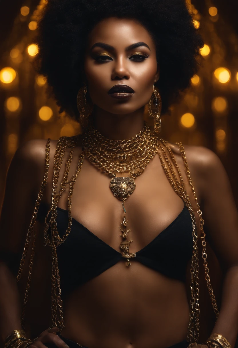 Ghotic woman afro cut with big bare breasts and piercing on the nipples of gold chains