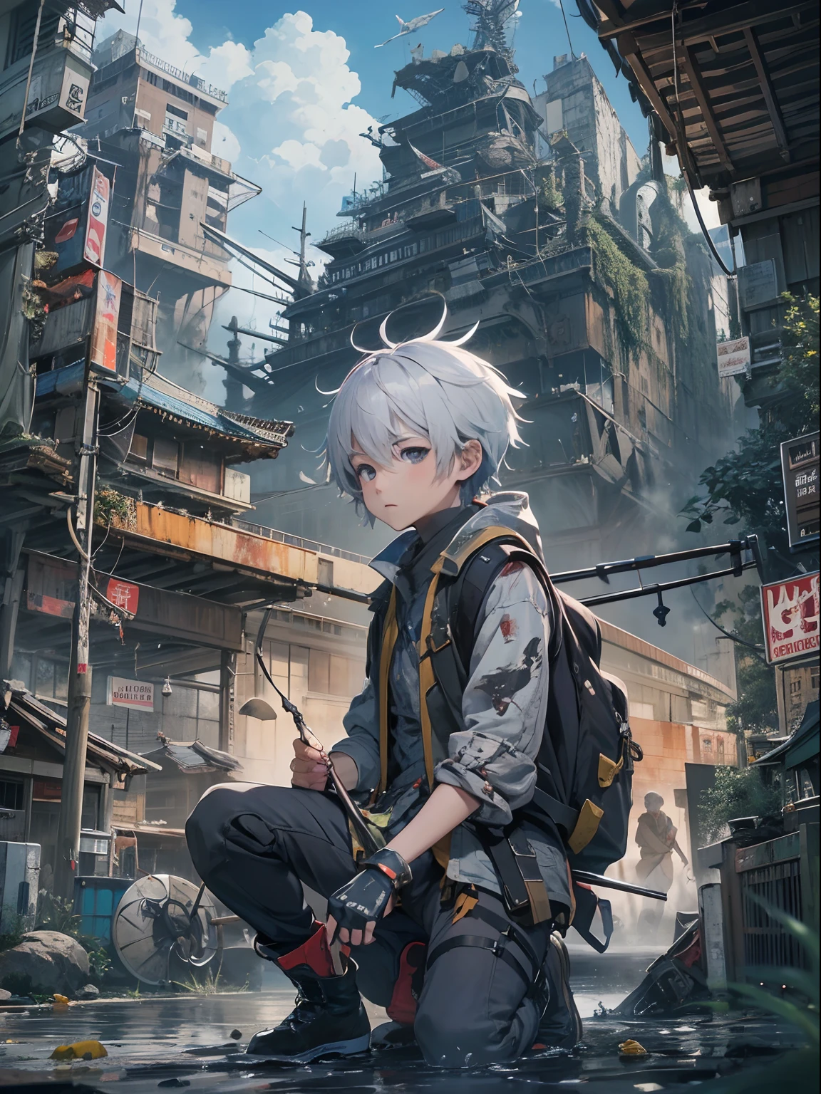 1boy,Man's ,Cyberpunk Boy、silber hair、Spiky hairstyle、Sword,machine gun、bow and arrow、Whole body bloody、The beginning of the adventure、(Very large flying ship:1.5)、ruined and devastated city、Complex Japan buildings、school buildings、shrines、railroad crossing、Bus stop、Trees、Warm lighting、puddles、Good old Japan landscape、Beautiful and fantastic summer landscape、Cinematic scenery、hightquality、masutepiece,8K、hight resolution、ultra-detailliert,