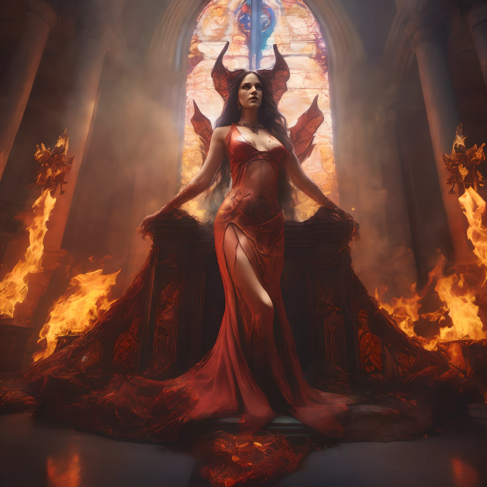 (best quality, highly detailed, masterpiece:1.2), alluring succubus, (church, fire:1.4), full body, detailed face and eyes, emotional face, dramatic lighting, colorful, reflection, raytracing, best shadow, detailed background, extremely intricate, RAW photo, Ultra Hig, photorealistic, film grain, 8k hd