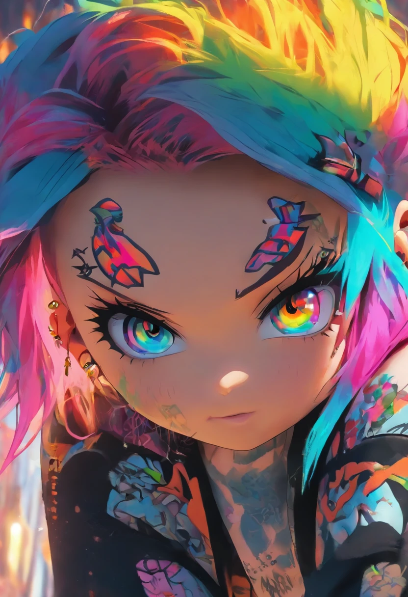 The most beautiful and gorgeous punk rock girl, rainbow colored hair, orange eyes, wearing a hoodie graphic t-shirt and torn skinny jeans, tattoos and piercings, perfect masterpiece, high quality, high resolution