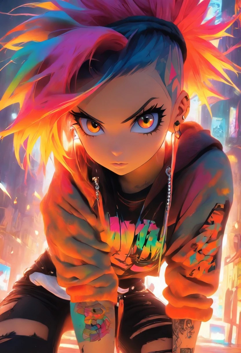 The most beautiful and gorgeous punk rock girl, rainbow colored hair, orange eyes, wearing a hoodie graphic t-shirt and torn skinny jeans, tattoos and piercings, perfect masterpiece, high quality, high resolution