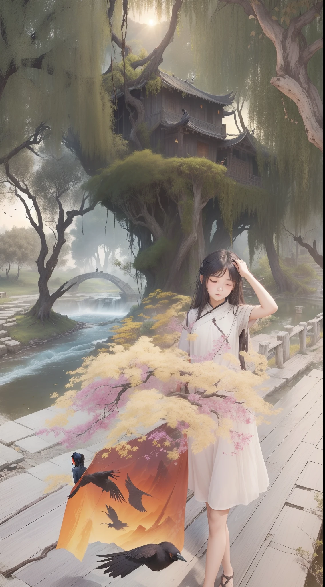 masterpiece, high quality, high resolution,8k, chinese painting ,, Withered vines, aged ((trees)), dusk ((crows)) cawing free,, ((a small bridge)), flowing water, (((a humble dwelling))), (one girl:1.6),, Westward blows the chilly wind on ((an ancient path)),, As the sun sets, my heart aches with a lonely wrath,,