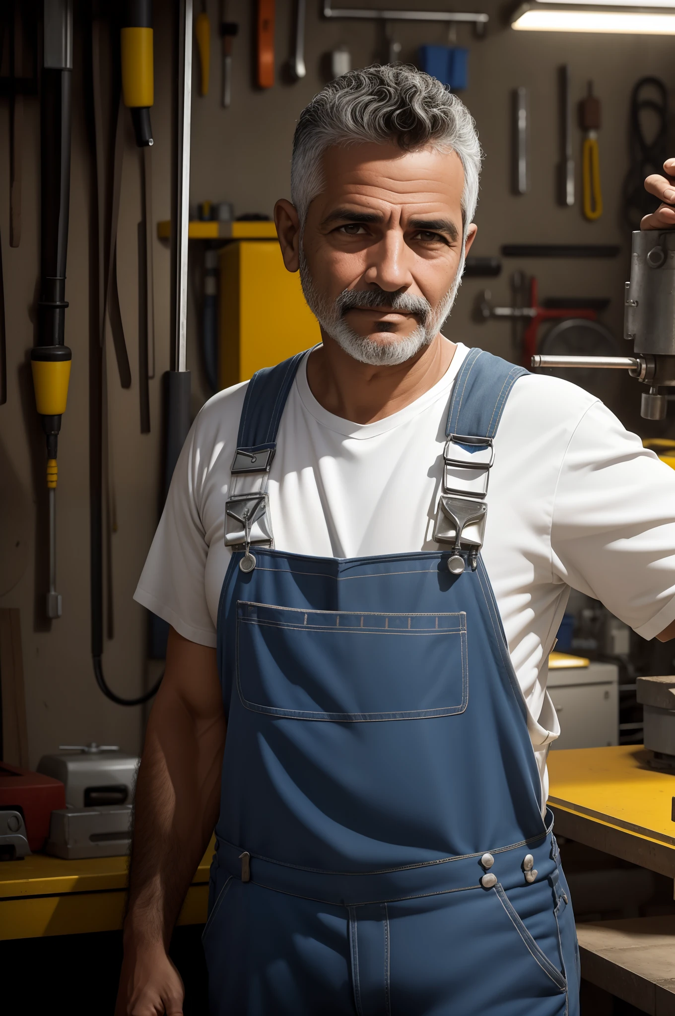 the same Brazilian Technician, 40 anos, wearing overalls in the workshop, rosto detalhado, segurando um alicate, vista frontal, profundidade de campo, Vibrando, in another position