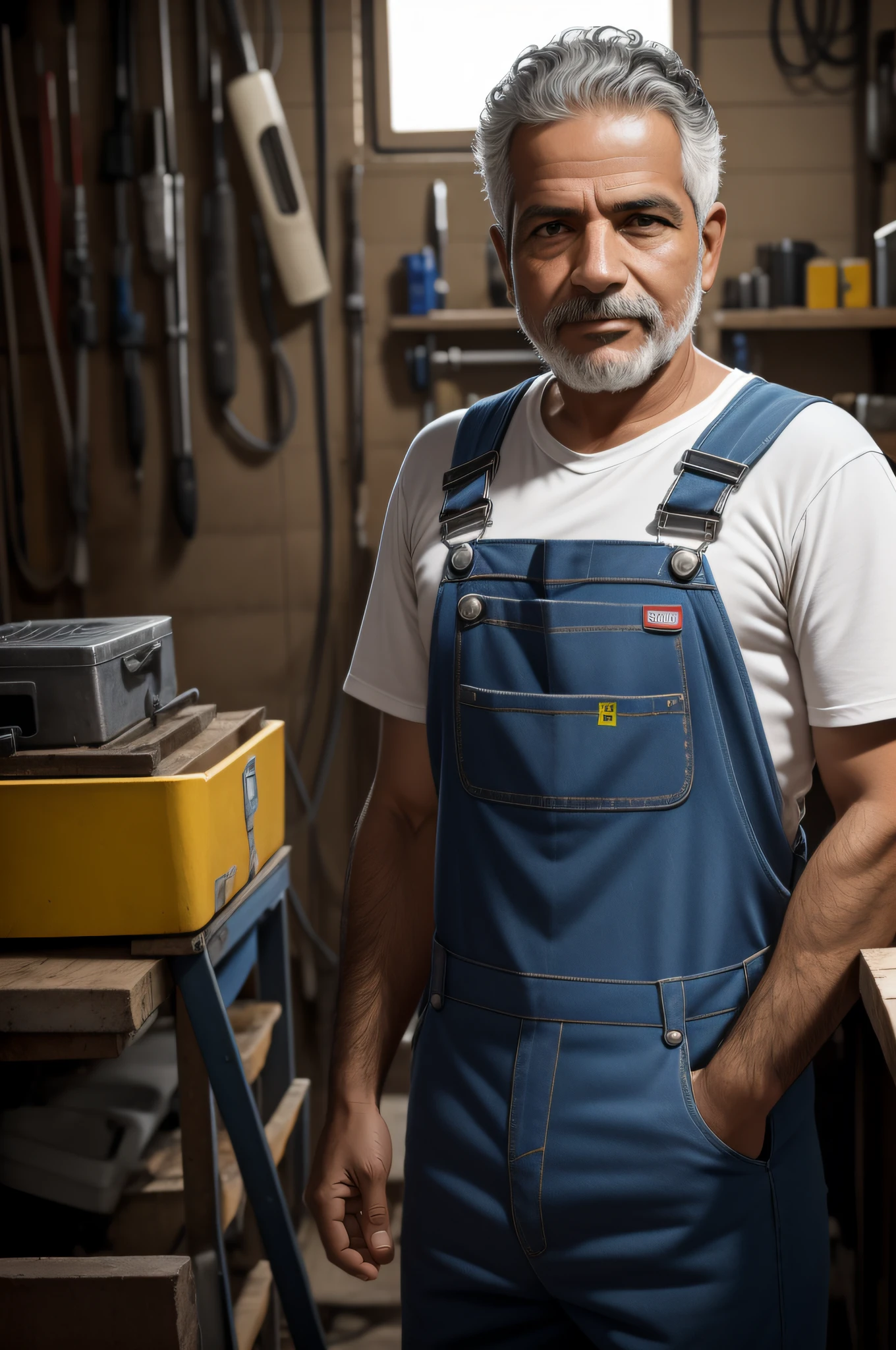 the same Brazilian Technician, 40 anos, wearing overalls in the workshop, rosto detalhado, segurando um alicate, vista frontal, profundidade de campo, Vibrando, in another position