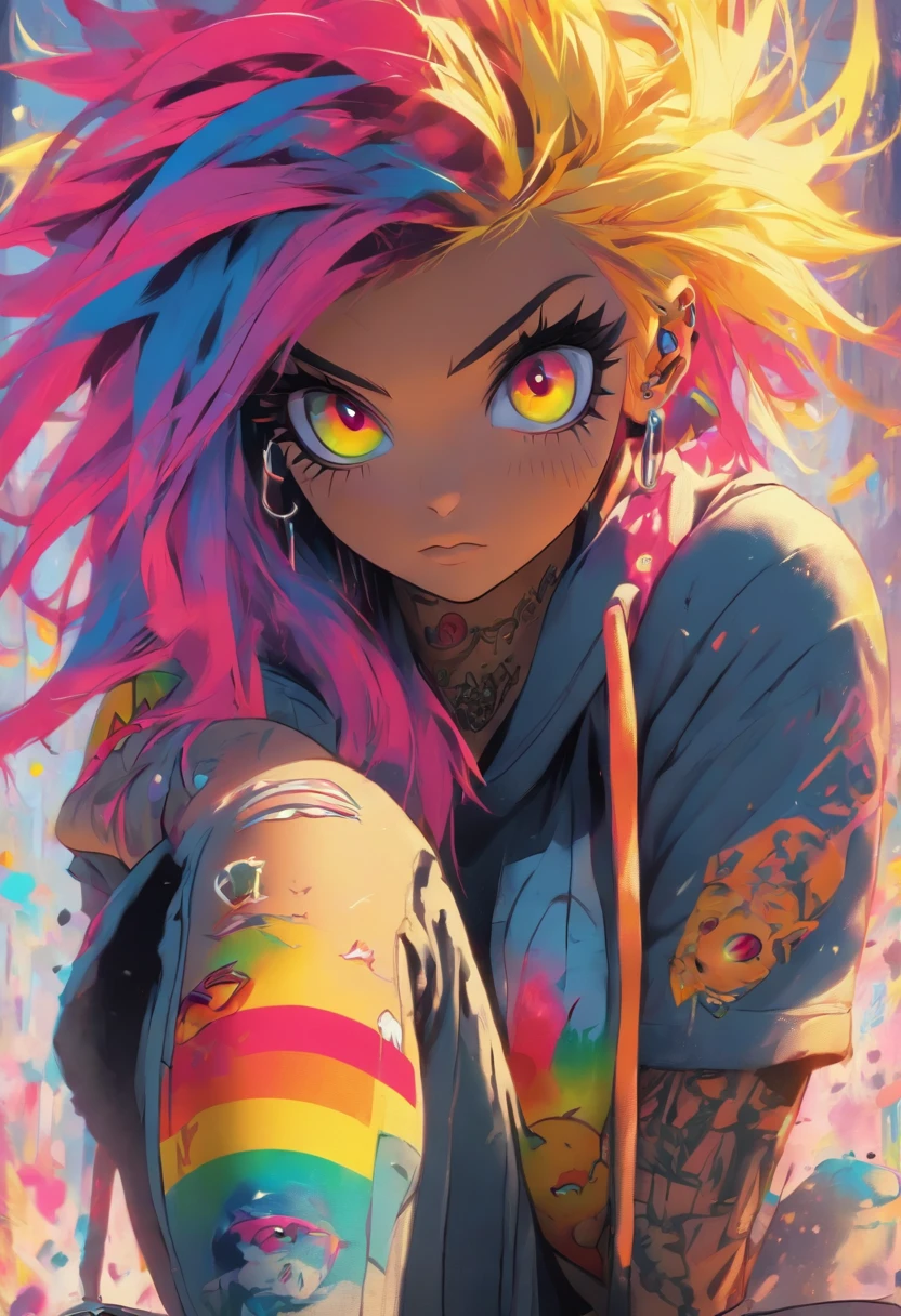The most beautiful and gorgeous punk rock girl, rainbow colored hair, yellow eyes, wearing a hoodie graphic t-shirt and torn skinny jeans, tattoos and piercings, perfect masterpiece, high quality, high resolution