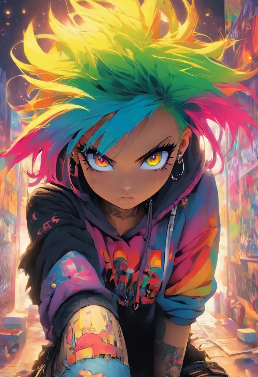 The most beautiful and gorgeous punk rock girl, rainbow colored hair, yellow eyes, wearing a hoodie graphic t-shirt and torn skinny jeans, tattoos and piercings, perfect masterpiece, high quality, high resolution