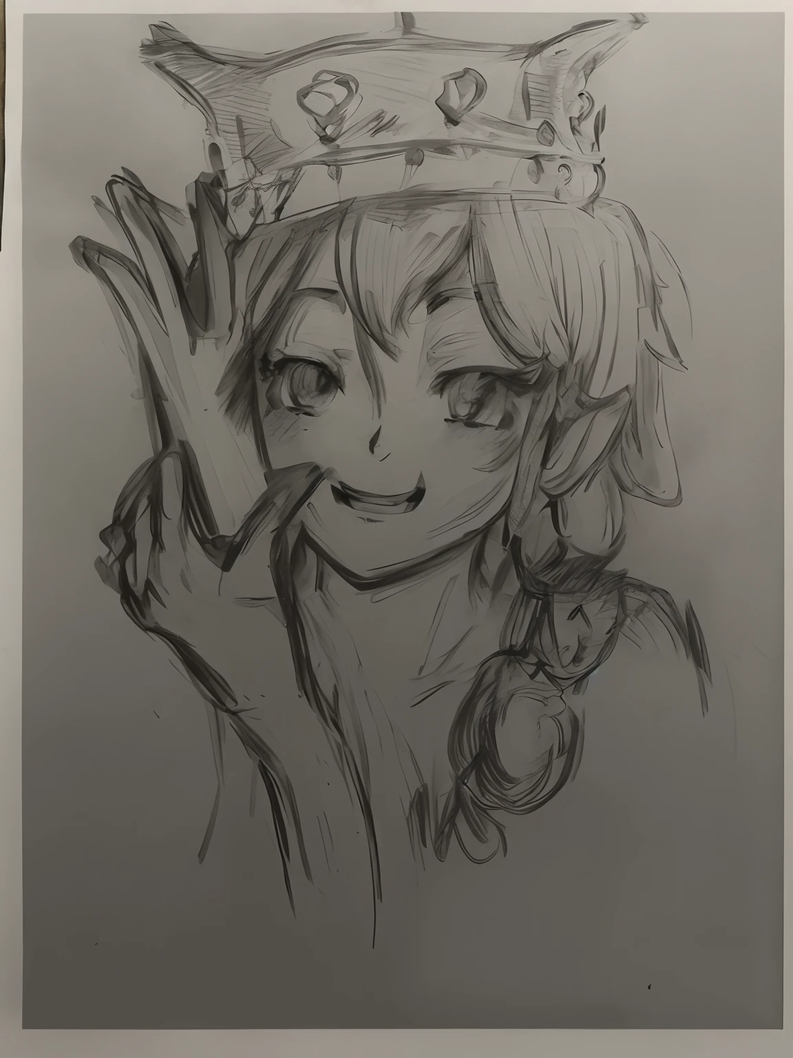 drawing of a woman with a crown on her head, anime sketch, loose pencil sketch, pudica pose gesture, old sketch, matte sketch, holding a pudica pose, Sketched, left hand propping up the head, line-drawing!!, faded drawing, sketchy artstyle, Rough sketch, Pose(Arms up + Happy), with index finger