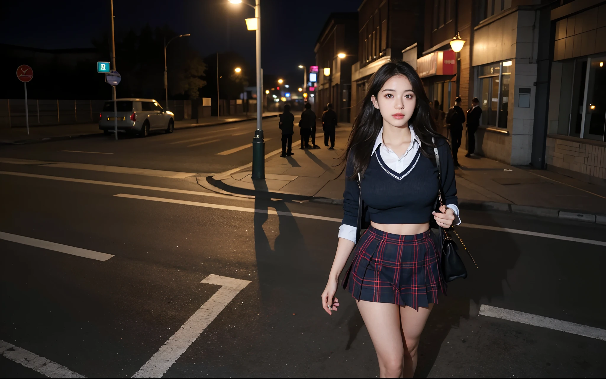Best quality, masterpiece, ultra high res, (photorealistic:1.4), raw photo, (perfect body shape), (slim:1.2), dynamic pose, 1girl, (full figure:0.9), solo, big breasts, sagging breasts, school uniform, plaid mini skirt, in the dark, night, on the street, deep shadow, low key, cold light 12000K