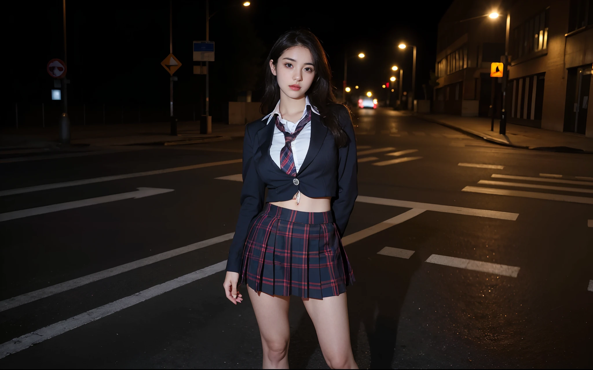 Best quality, masterpiece, ultra high res, (photorealistic:1.4), raw photo, (perfect body shape), (slim:1.2), dynamic pose, 1girl, (full figure:0.9), solo, big breasts, sagging breasts, school uniform, plaid mini skirt, in the dark, night, on the street, deep shadow, low key, cold light 12000K