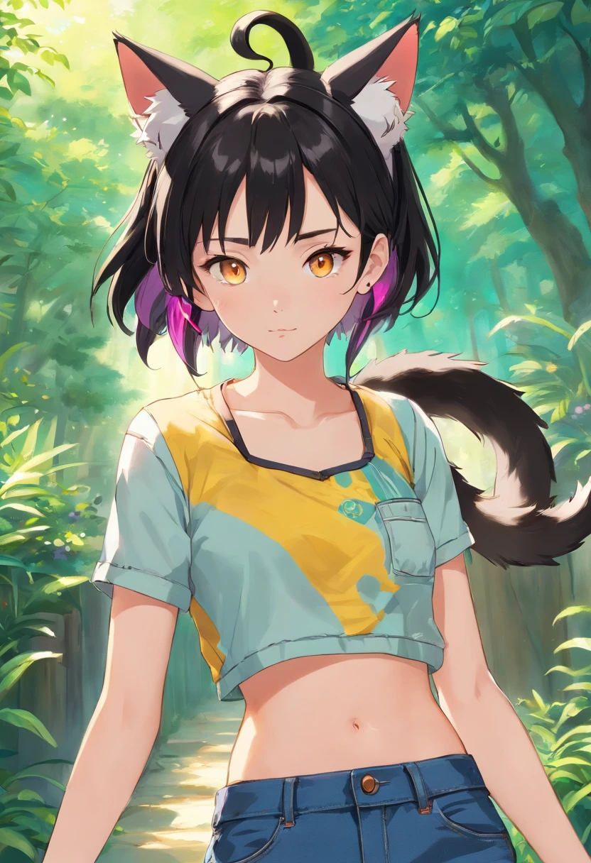 a female ager with amber eyes, black streaked hair, thin waist, animal ears, cat tail, wearing short jeans, crop top, hair ornament, headphones, dynamic pose, highly detailed, sharp focus,(8k, UHD), (best quality, masterpiece),profoundly intricate, precise details,