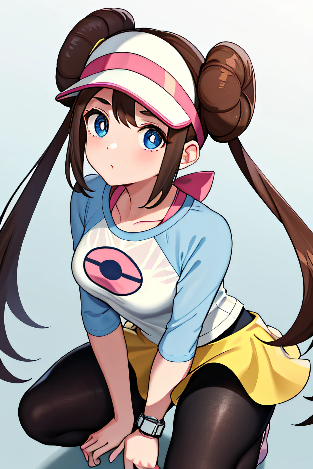 masterpiece, Top quality, High Definition, RO1, Hair bun, Blue eyes, Twin tails, Visor cap, Pantyhose, Raglan sleeves, Yellow shorts, Shirt, Pink bow, Watch, Leaning forward, Gym, Squatting, 30 denier soft touch comfort Tights, See-through, Squatting, Open legs, Thighs, Attractive thighs,