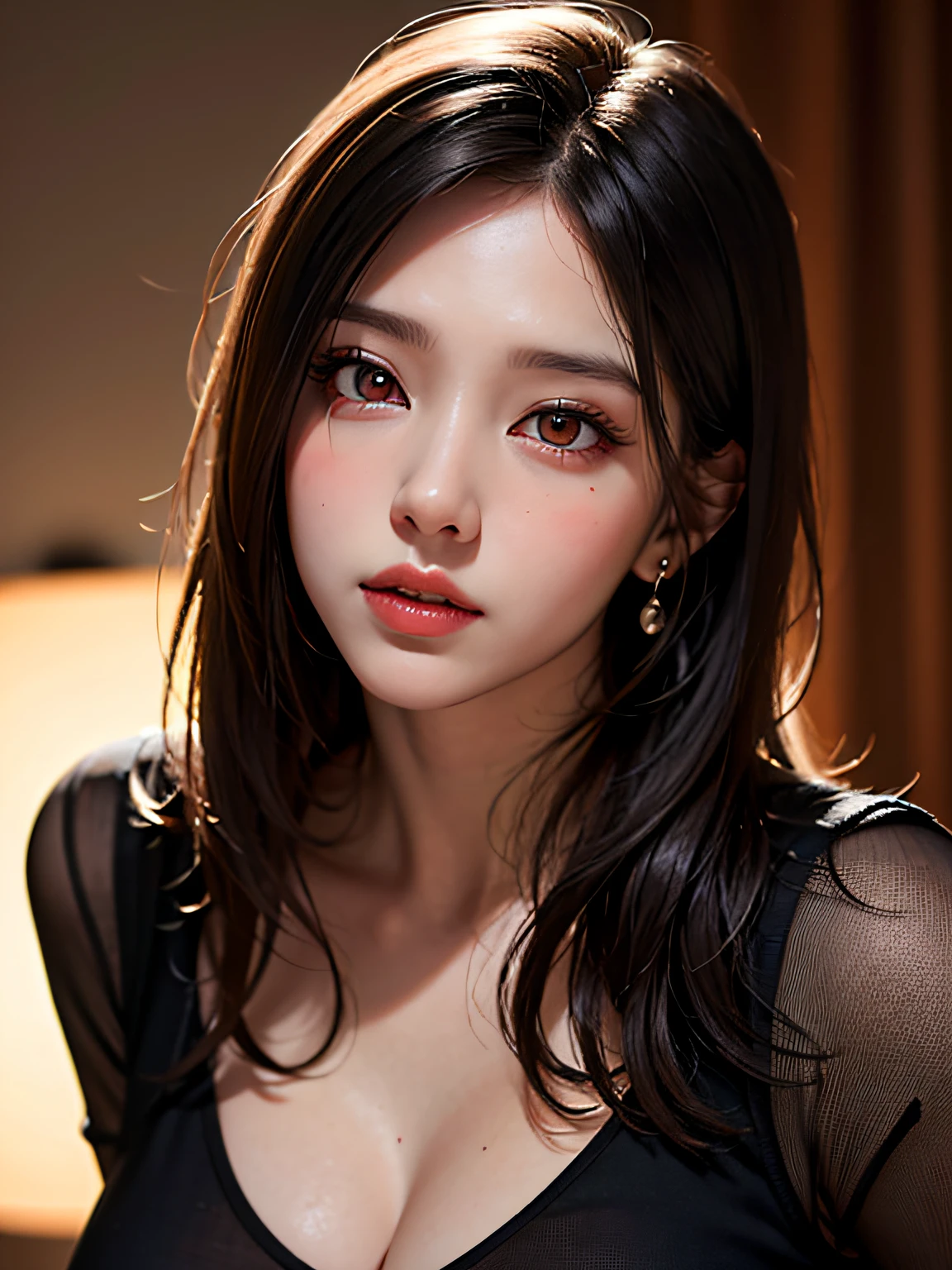 Realistic, 1girll, Black hair, Red eyes, slit eyes, Glowing eyes, Blouse with super big, parted lip, Blush,