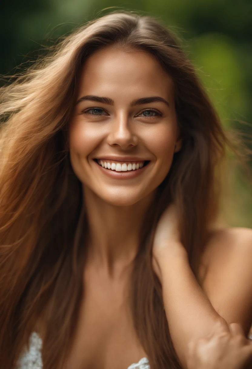 woman posing for a photo, Laugh, Happy, Long hair, Straight hair, finely detailed skin, during the day, Hot summer days, Nature lighting, Detailed face:1.2, Sharp Focus, Hasselblad photo, masutepiece, Light makeup, Best Quality
