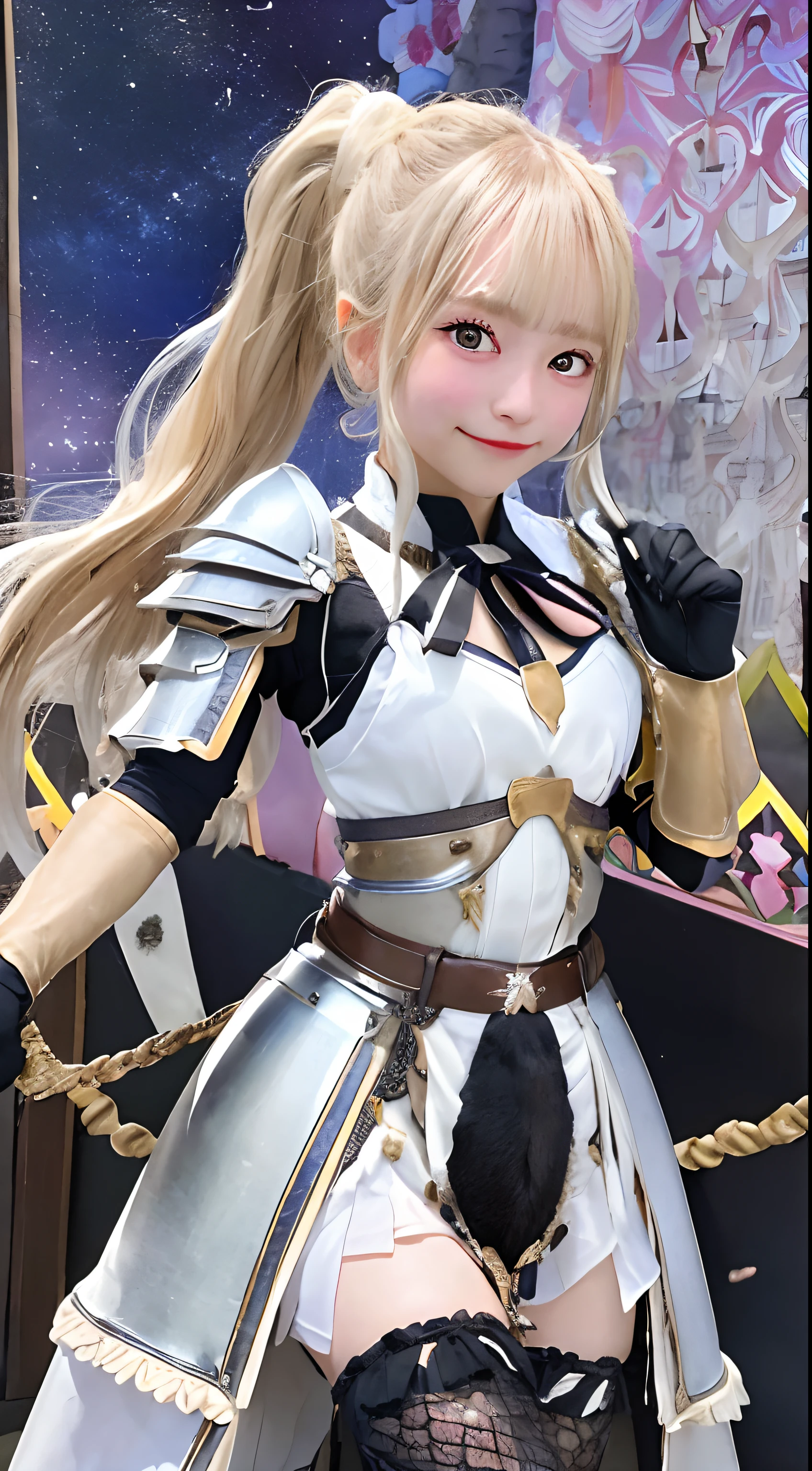 top-quality、Hi-Res、1girl in、length hair、blonde hair、X Hair Ornament、s Armor、poneyTail、hair adornments、gloves、armor on the shoulders、Braids、Black Gloves、pauldron、white boots、The Darkness\(Konosuba\)、cowboy shot、borgar、plein air、(agitation:1.2)、red blush,A smile、cute little、japanes、High school students
