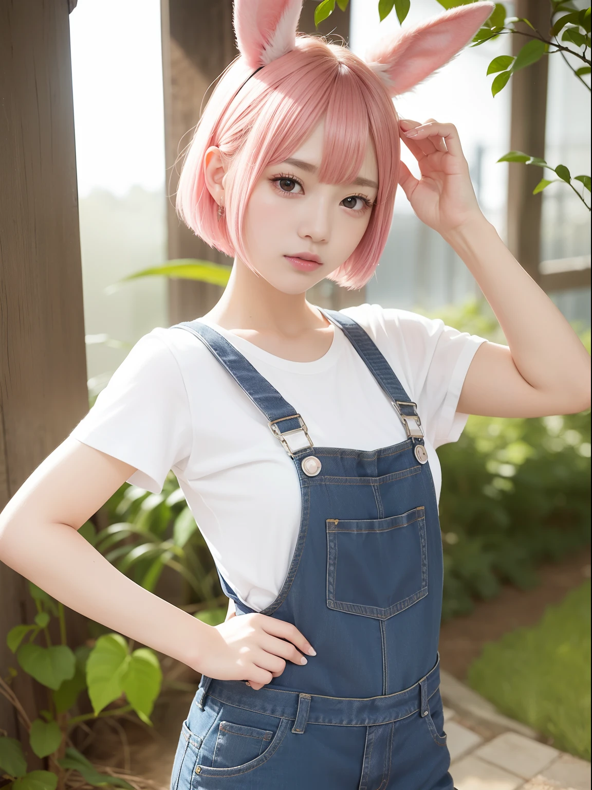 A refreshing morning、Jeans fabric overalls、Naked under overalls、Naked overalls、Pink hair、Realistic rabbit ears、rabbit ears pink hair sticking out of the head,,,,,,,,,,,,、Bewitching atmosphere、Beautiful shaped hands、K-POP、Pink rabbit ears、1 girl in、独奏、​masterpiece、top-quality、realisitic、Hyper-detailing、(Glossy skin:1.4)、absurderes、short pink hair、Slender beauties、动态照明、hight resolution、foco nítido、depth of fields、(thick thight:1.0)、A slender :1.2、((Short-cut bob hair))、((k pop:1.3))、Highly detailed facial and skin texture、((魅惑的))、Anatomically correct number of fingers、Correct anatomy、Angle from below