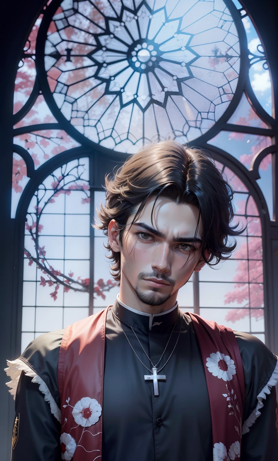 Estilo anime, Homem, Pai, Jovem Padre, cabelo marrom, Hand on face, bloody hand, olhar frio, left hand on face, bloody hands, padre, Catholic Father