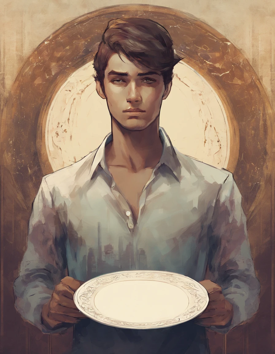 boy-faced man, standing holding an empty plate