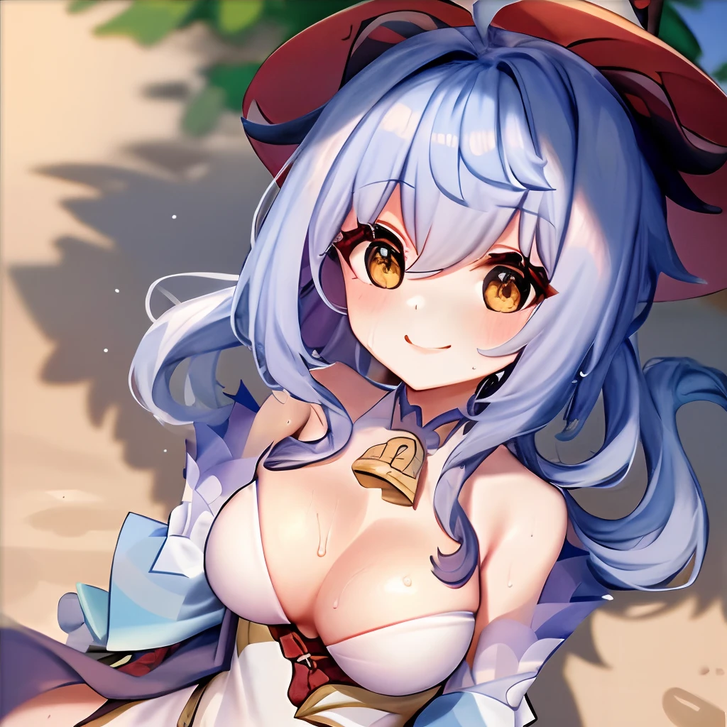 absurdres, 2girls, beach, swimsuit, sweat, breasts out, smile, (hug:0.9), (realistic:0.45), (ganyu genshin impact:1.2)