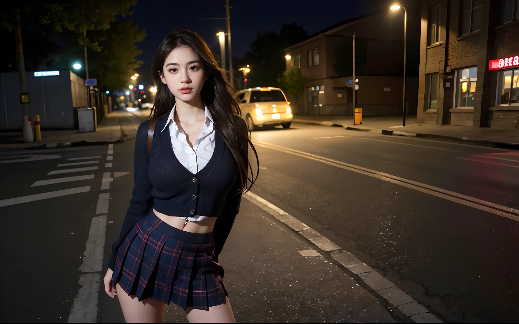 Best quality, masterpiece, ultra high res, (photorealistic:1.4), raw photo, (perfect body shape), (slim:1.2), dynamic pose, 1girl, (full figure:0.9), solo, big breasts, sagging breasts, school uniform, plaid mini skirt, in the dark, night, on the street, deep shadow, low key, cold light 12000K