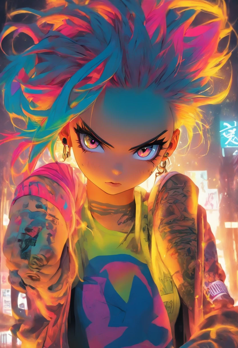 The most beautiful and gorgeous punk rock girl, rainbow colored hair, yellow eyes, wearing a hoodie graphic t-shirt and torn skinny jeans, tattoos and piercings, perfect masterpiece, high quality, high resolution