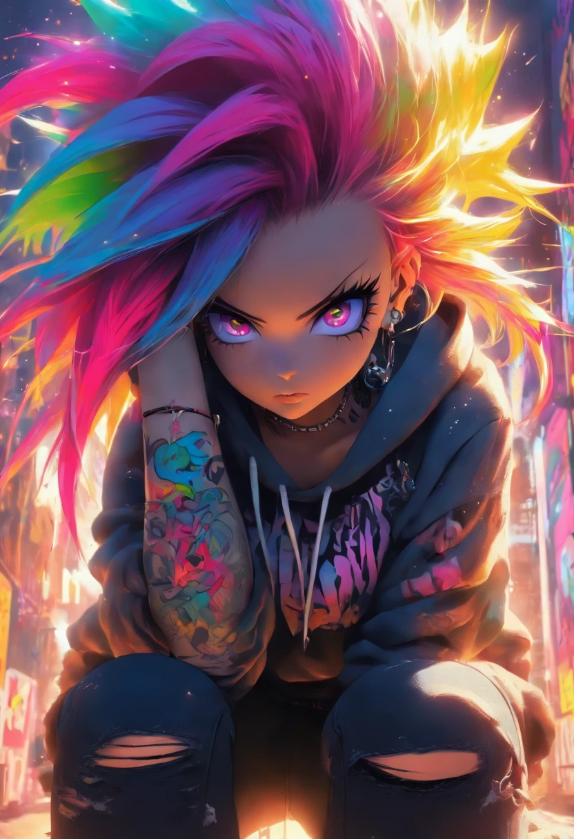 The most beautiful and gorgeous punk rock girl, rainbow colored hair, yellow eyes, wearing a hoodie graphic t-shirt and torn skinny jeans, tattoos and piercings, perfect masterpiece, high quality, high resolution