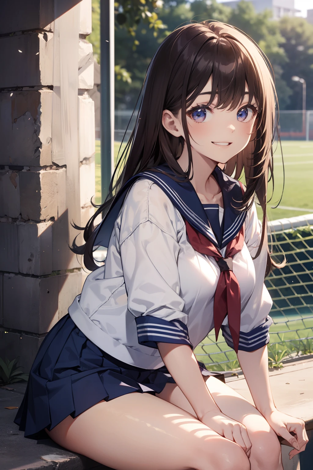 top-quality、Full limbs、complete fingers、Slender beauty、straight haired、Brown hair、Longhaire、Raw feet、Dark blue socks、a sailor suit、Dark blue super mini skirt、The skirt is rolled up and shortened、Beautiful Large Breasts、A big smile、sexypose、School sports ground、sit on a bench、Composition from the front