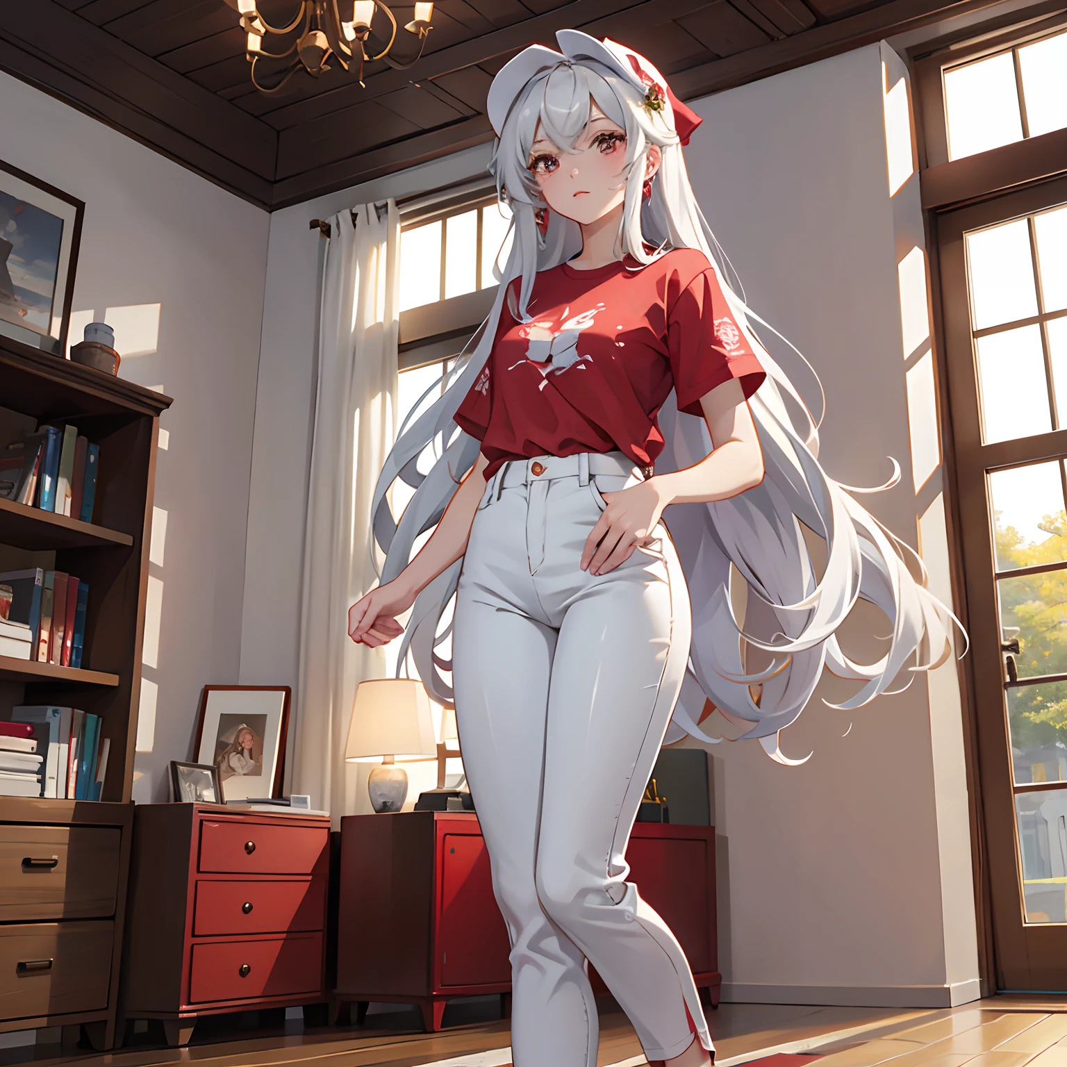 tmasterpiece, hiquality, detailing, A girl, White pants, red shirt, Indoors,