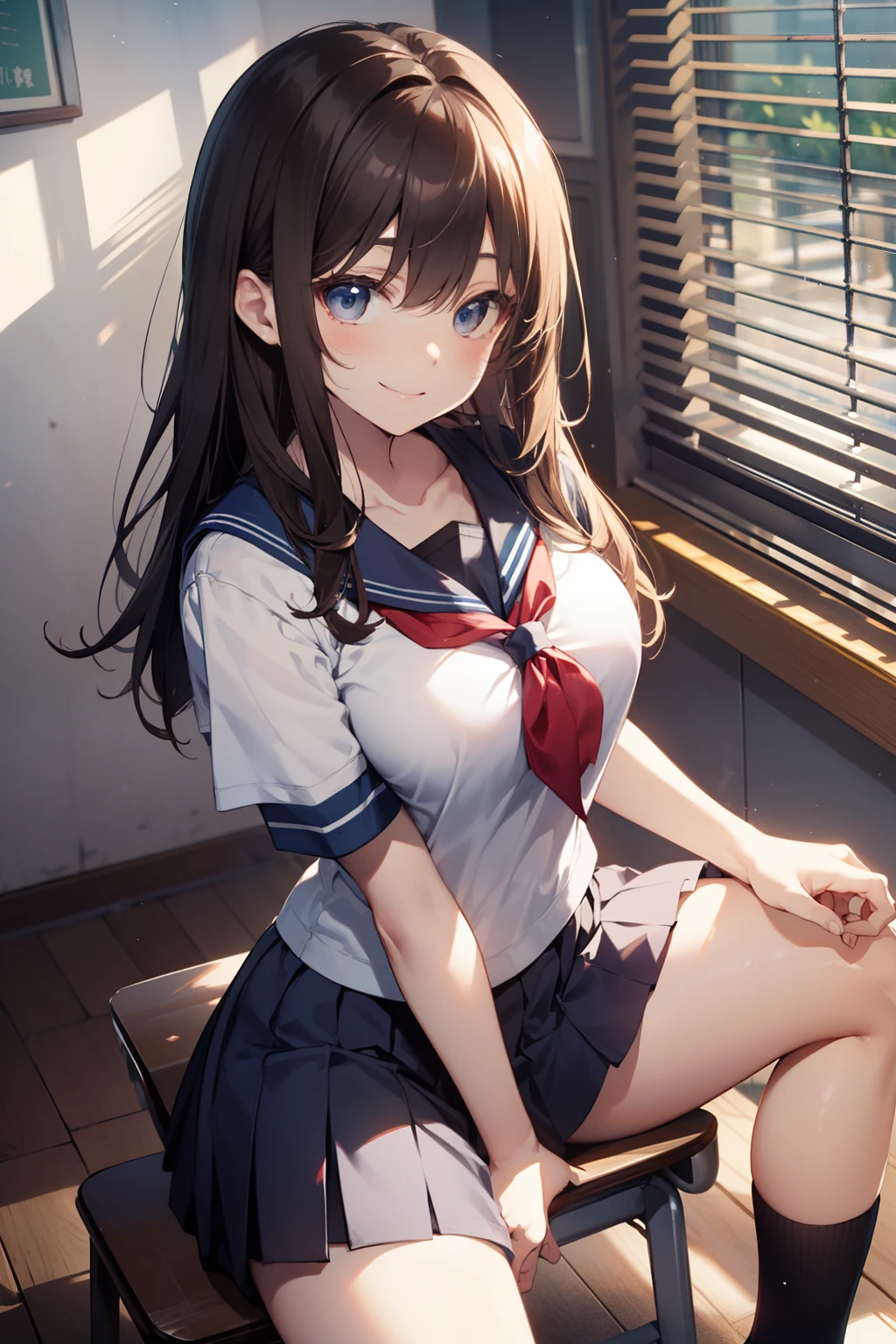 top-quality、Full limbs、complete fingers、Slender beauty、straight haired、Brown hair、Longhaire、Raw feet、Dark blue socks、Polo shirt like a sailor suit、Dark blue mini skirt、Beautiful Large Breasts、A big smile、is standing、sexypose、School sports ground