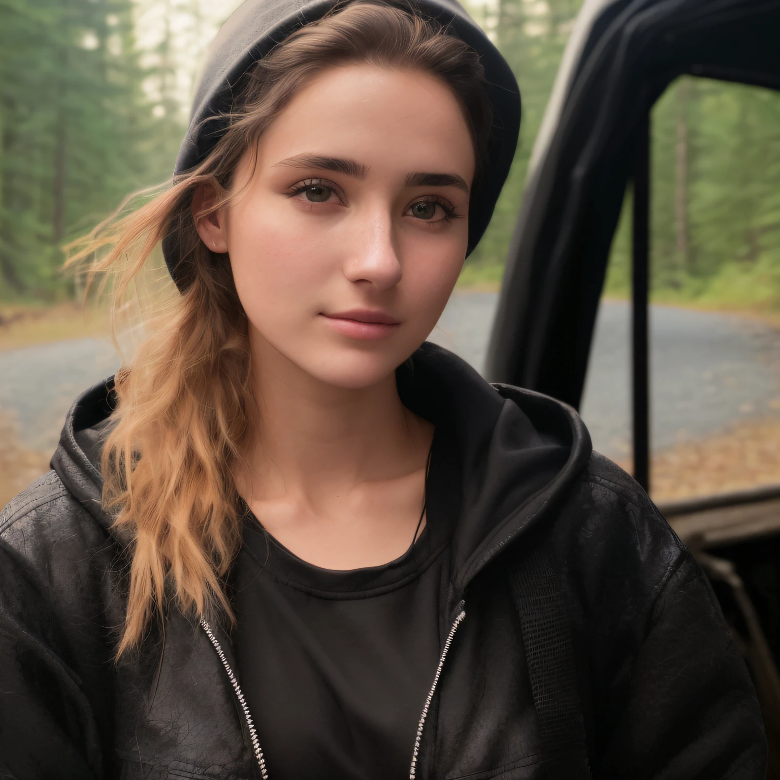 arafed woman in a black jacket and a black hat, in front of a forest background, photo of young woman, photo of the girl, full face portrait, 2 4 year old female model, high quality portrait, without makeup, young female, front portrait, portrait shot, 19-year-old girl, girl wearing hoodie, young woman. sexy