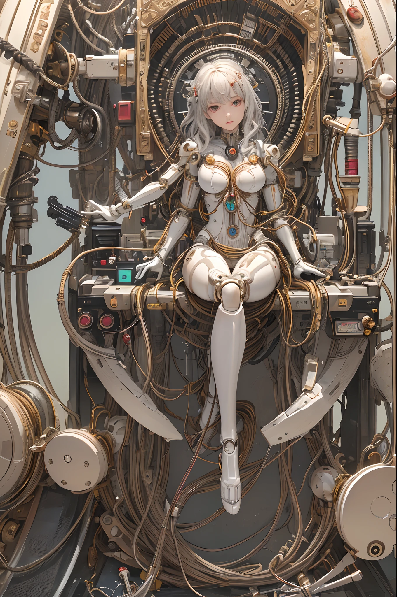 (((masterpiece))), (((best quality))), ((ultra-detailed)), (highly detailed CG illustration), ((an extremely delicate and beautiful)),(cute delicate face),cinematic light,((1mechanical girl)),solo,full body,(machine made joints:1.4),((machanical limbs)),(blood vessels connected to tubes),((mechanical vertebra attaching to back)),((mechanical cervial attaching to neck)),((sitting)),expressionless,(wires and cables attaching to head and body:1.5),(character focus),science fiction
