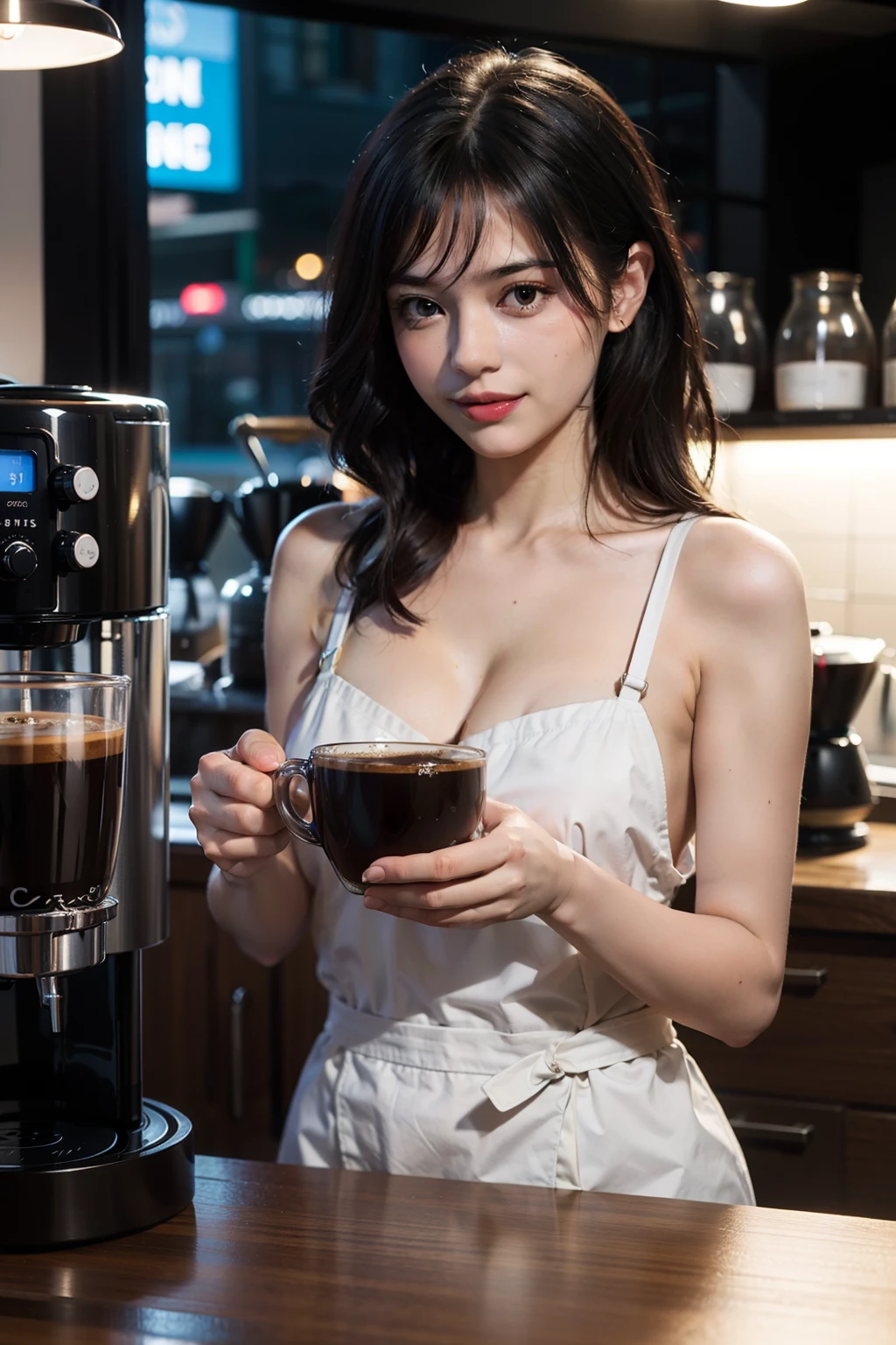 Large-breasted coffee selling girl, making coffee at her stall, low-chested cloth, she was seen preparing ready-made coffee, making coffee, light smile, facing down at making coffee, coffee machine, coffee, night cafe, bokeh, detailed object, detailed subject, high-res CG illustration, best quality post production, hyper-realistic