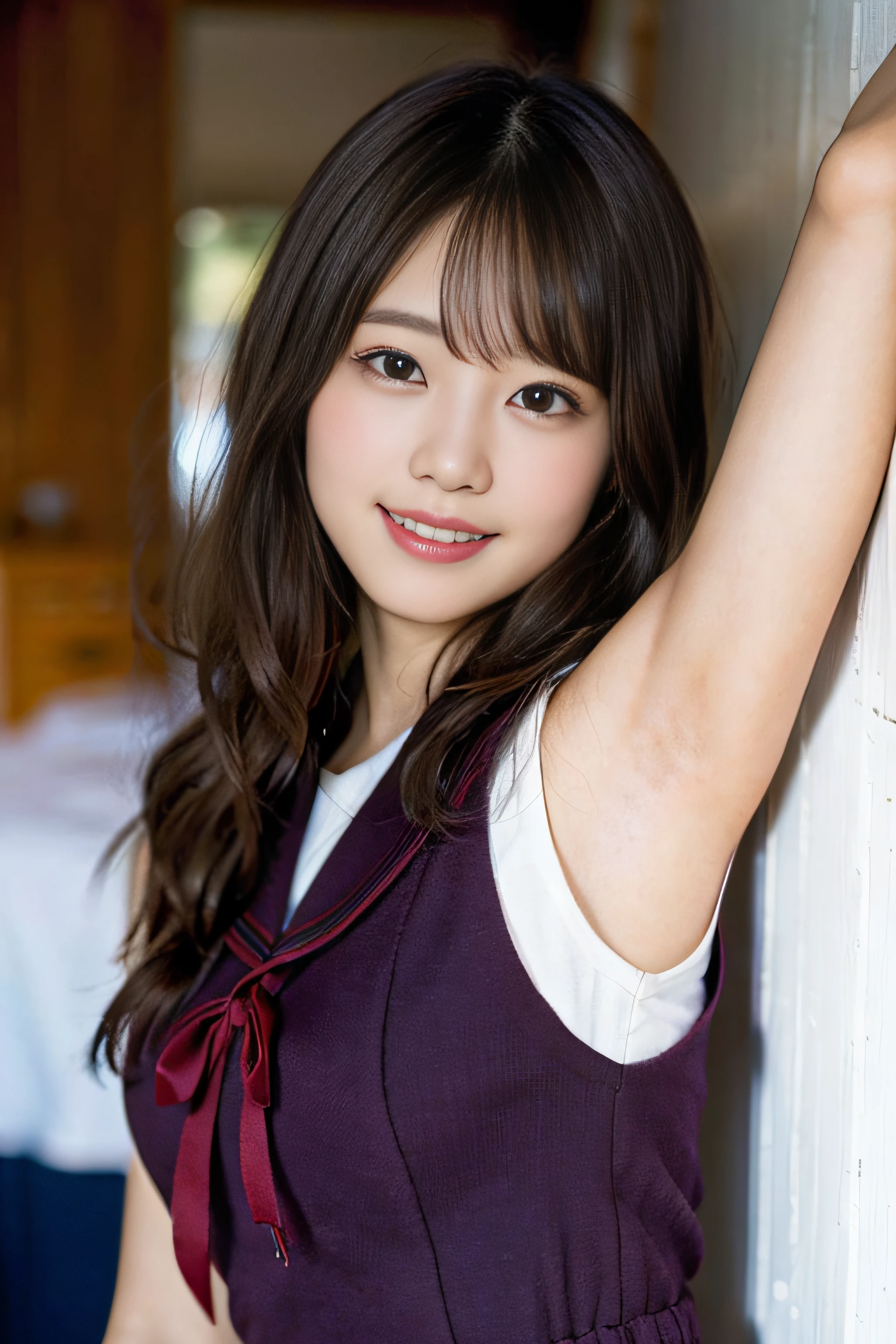 (8K、Raw photography、top-quality、​masterpiece:1.2)、(realisitic、Photorealsitic:1.37)、ultra-detailliert、超A high resolution、女の子1人、see the beholder、beautifull detailed face、A smile、Constriction、(Slim waist) :1.3)、Beautiful detailed skin、Skin Texture、Floating hair、Professional Lighting、Whole human body、Longhaire、a blond、japanese hight school uniform、a sailor suit、Bob Hair、Happy smile、15yo student、innocent smiles、childs room、Pose showing armpits