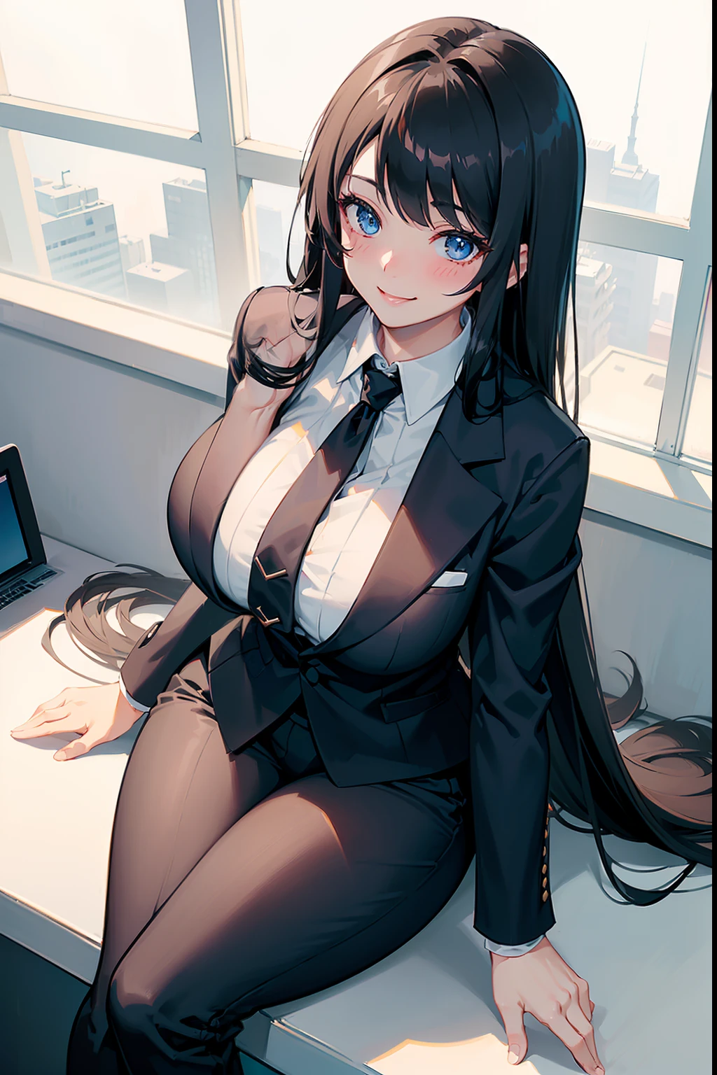 (1woman), masterpiece, beautiful, Pixiv, top quality, ((black long hair)), Korean bangs, blue eyes, (business suit), (loose pants), (curvy body), ((downward angle view), ((smiling)), (immense blushing), sitting on a desk, arms leaned back