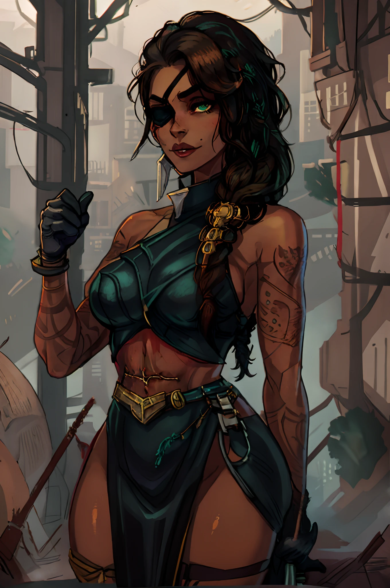 1girl, eyepatch, long hair, tattoo, green eyes, jewelry, black hair, braid, dark-skinned female, dark skin, green eyes, large breasts, brown hair, gloves, lips, piercing, master piece, best quality, face portrait