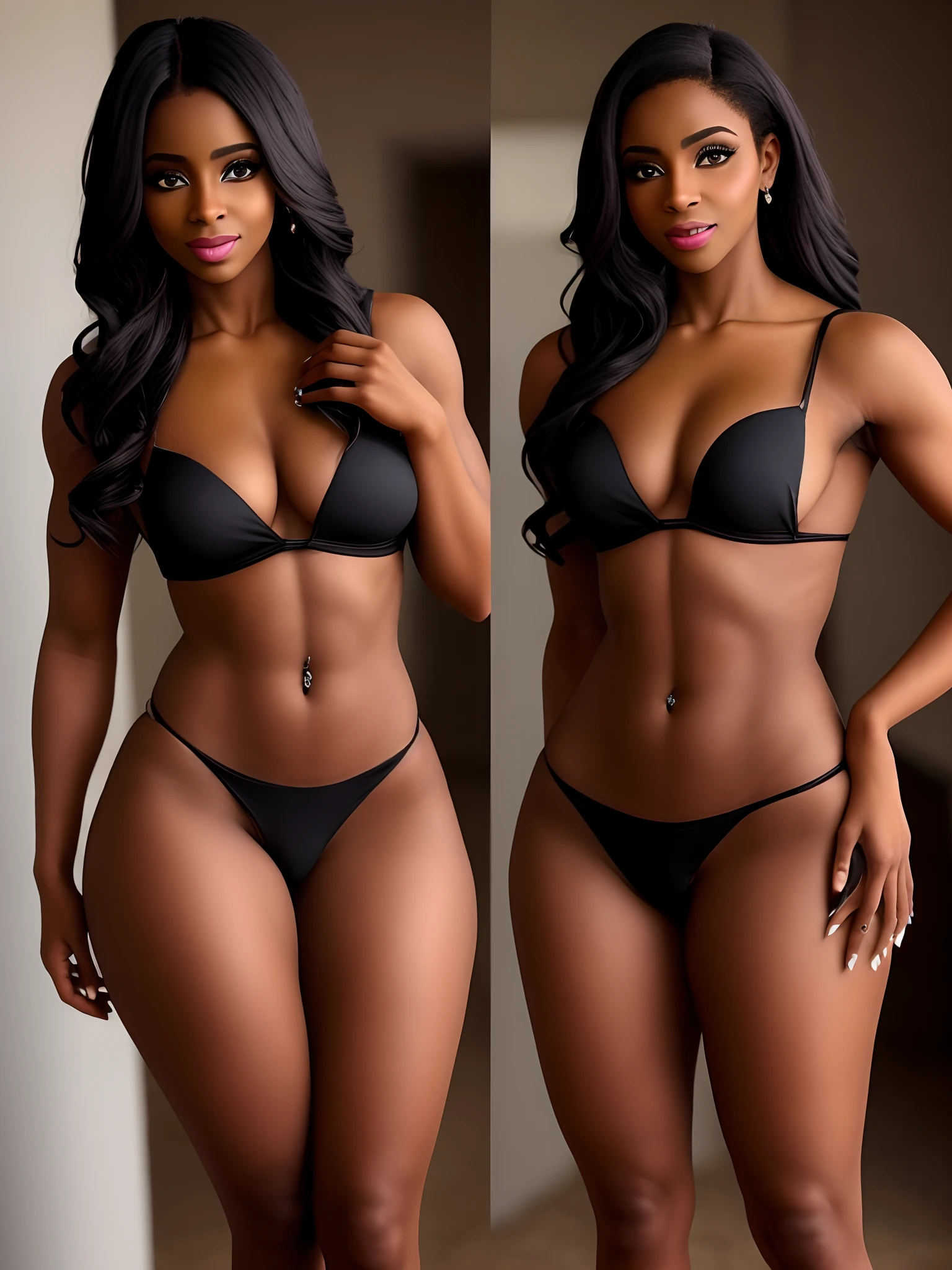 Uma mulher de pele negra, totalmente nua, com seios e a mostra, estilo africana. Imagem de corpo inteiro com dedos perfeitos