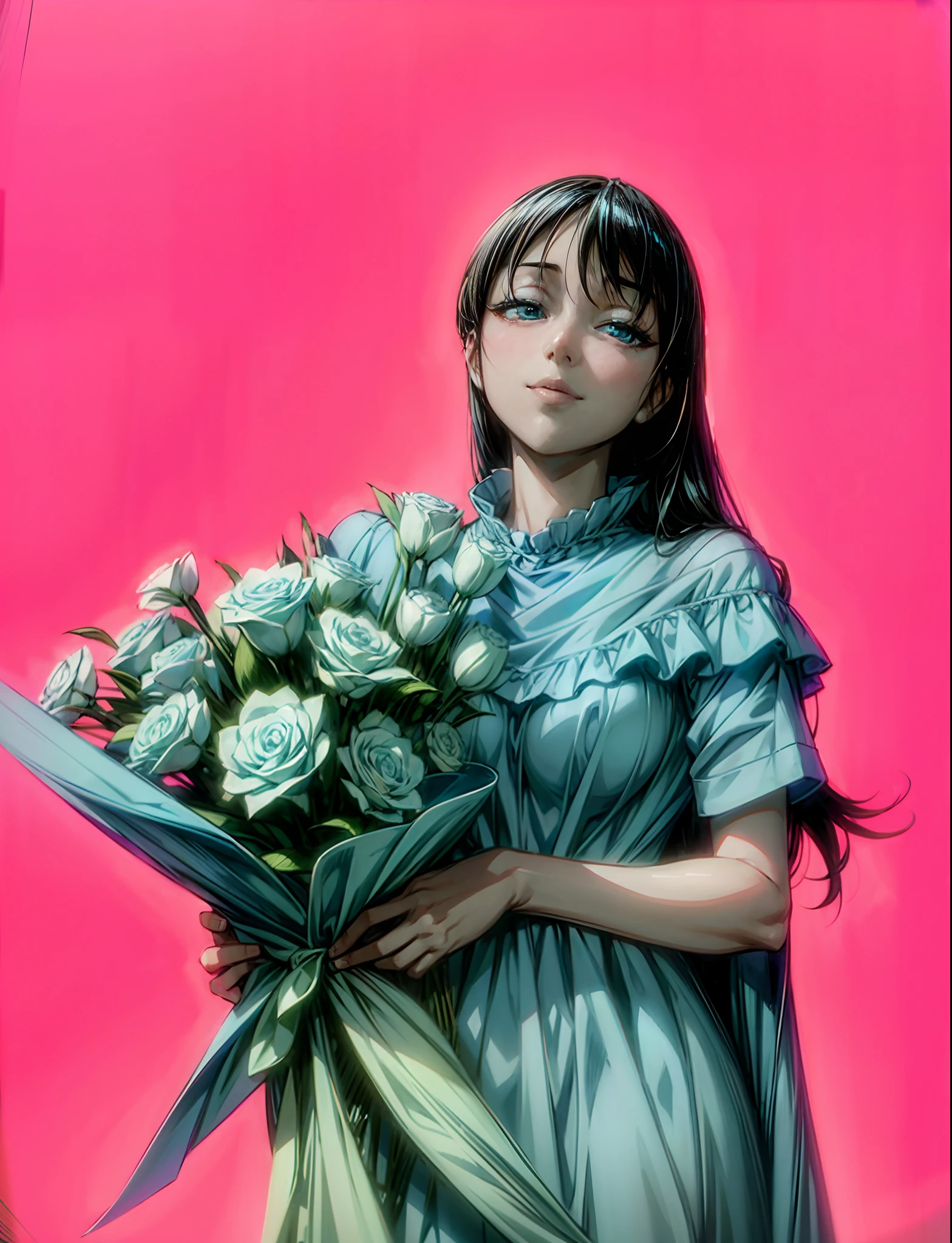 Beautiful anime girls,Long black hair,Delicate and delicate face,light  smile,Holding a very beautiful bouquet of light blue flowers,Beautiful dress in light blue,Perfect hands,detail-rich,solid color simple background,Movie lighting,contrast of light and shadow,style of anime