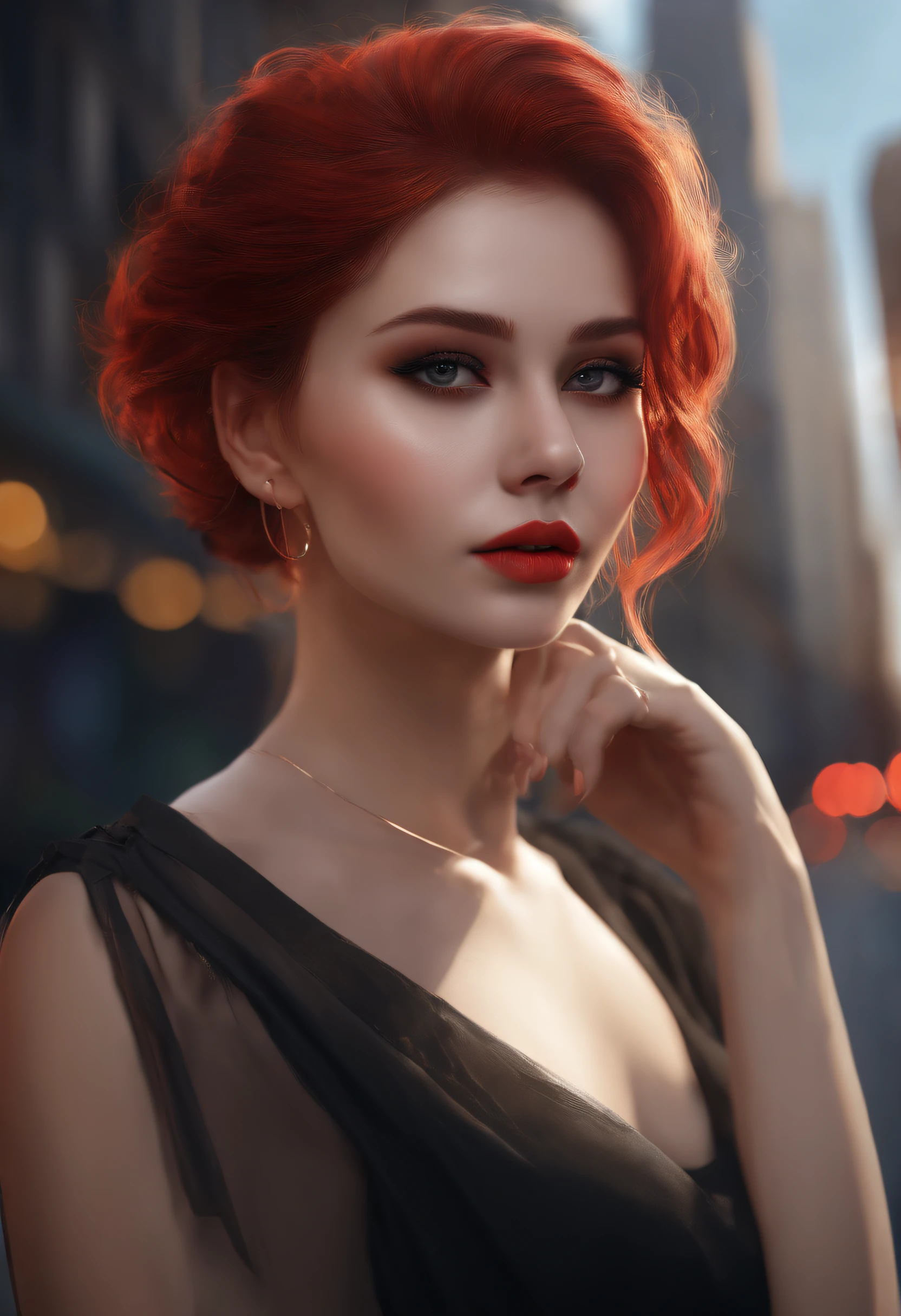 beautiful girl, half body portrait, short bright red disheveled hair, black eyeshadow, (street style wear:1.2), (city background:1.2), dark makeup, digital art, trending on artstation, highly detailed, fine detail, intricate, beautiful detailed glow, detailed, Cinematic light, highres, detailed facial features,sharp focus, smooth, aesthetic, nude