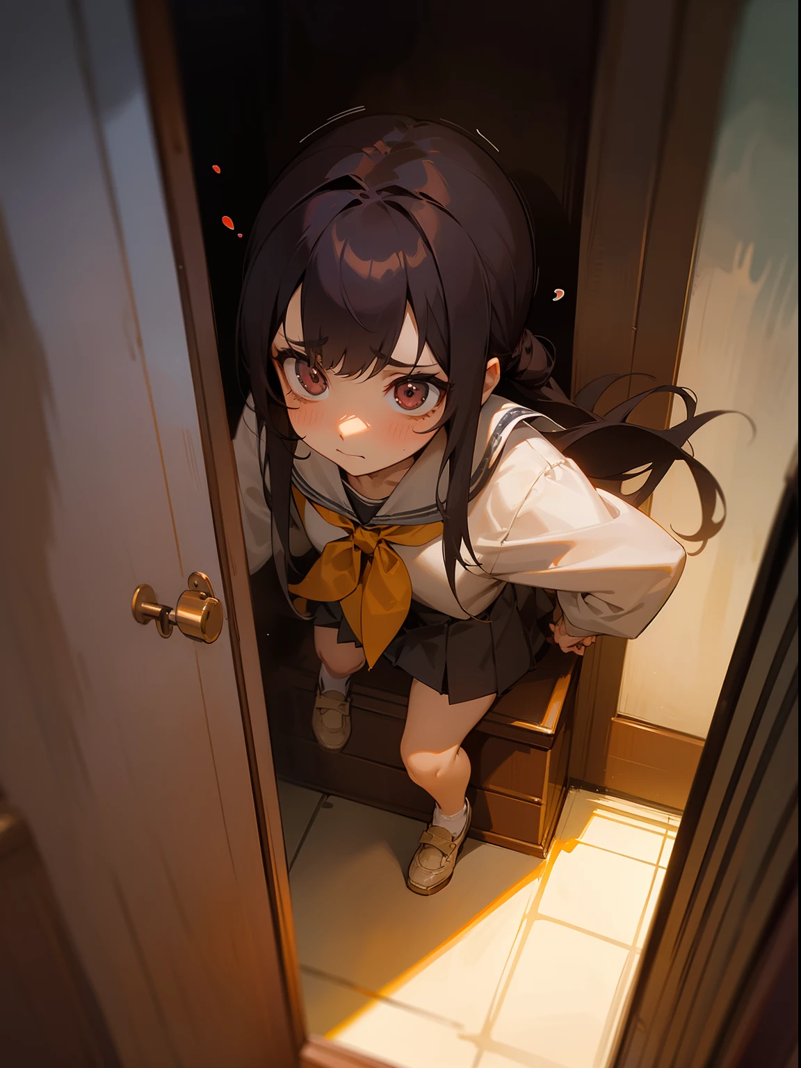 ​masterpiece,top-quality,horor,Petite girl hiding in school toilet,A dark-haired,poneyTail,tiny girl,student clothes,Crouching and trembling,Scared look,Pale,Teary-eyed,The ghost of a woman with long hair is peeking,Girl threatened by ghosts,Fireballs are floating,Private toilet room,turning off lights,dark,Steaming,